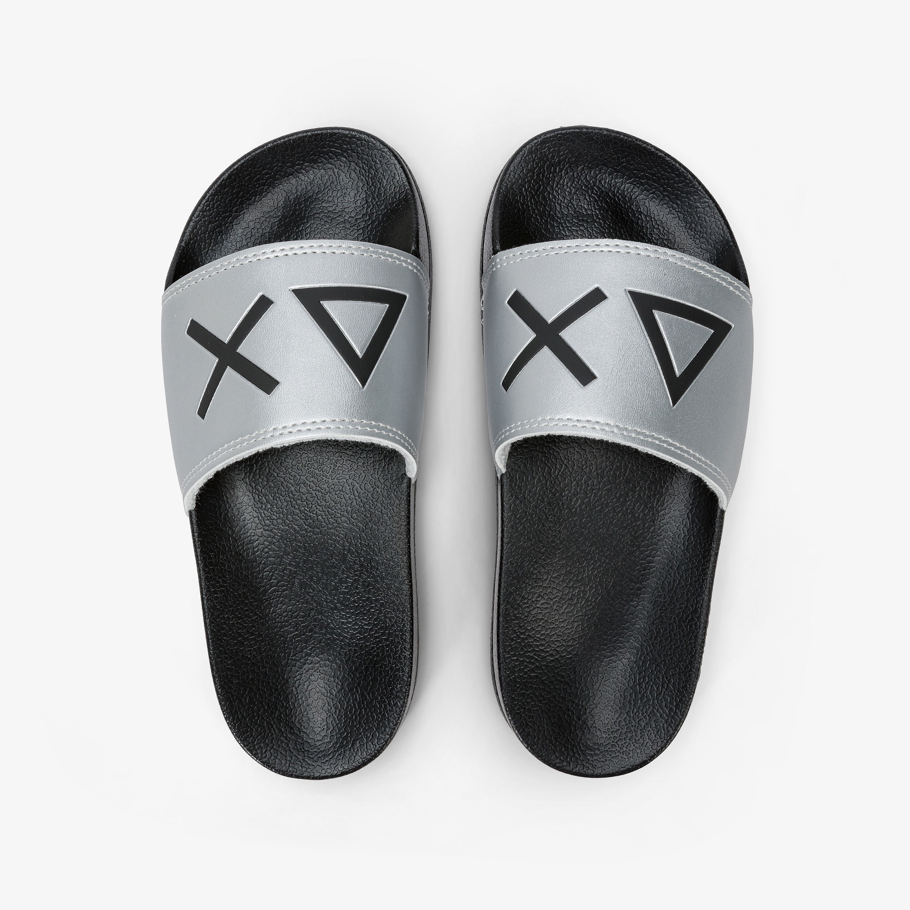 Sandali slide in PU nero e argento