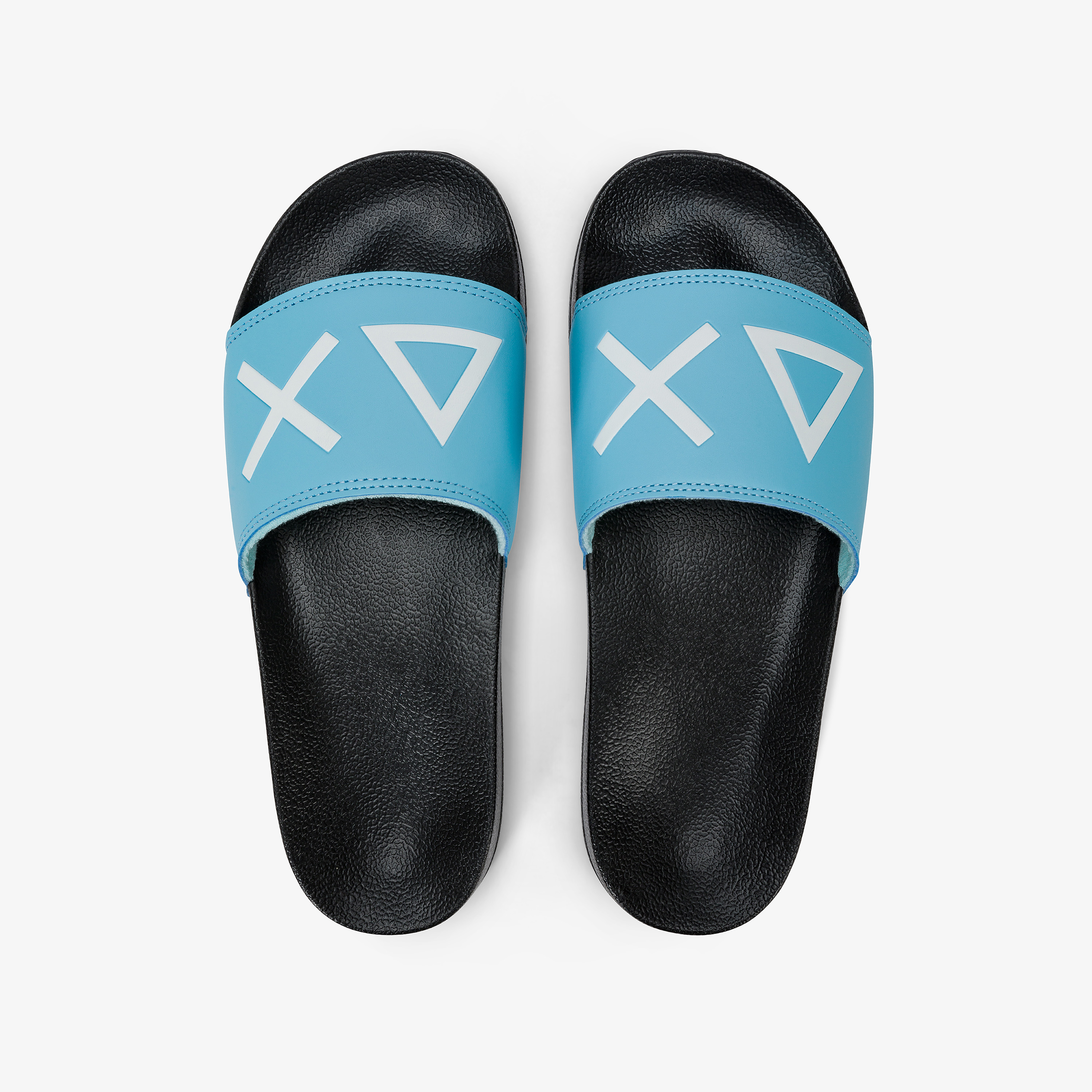 Sandali slide in PU nero e turchese