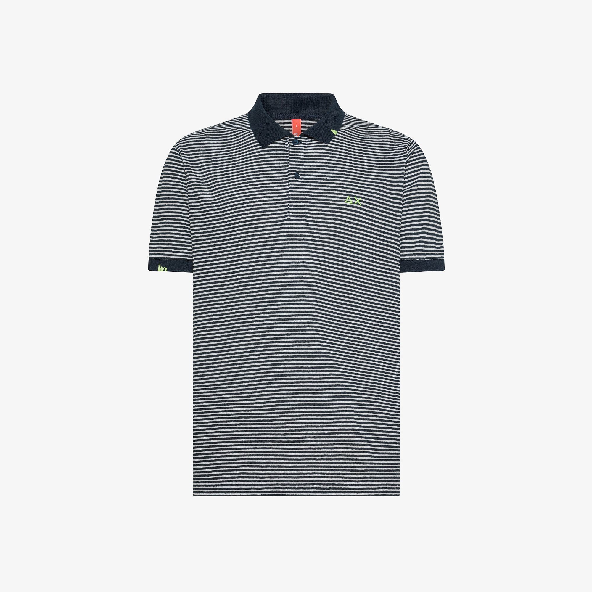 Polo in lino e cotone a righe blu navy e bianco panna