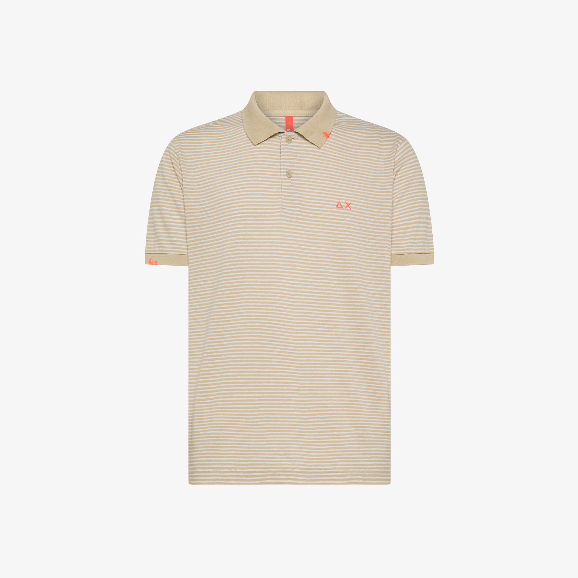 Polo in lino e cotone a righe sabbia e bianco panna