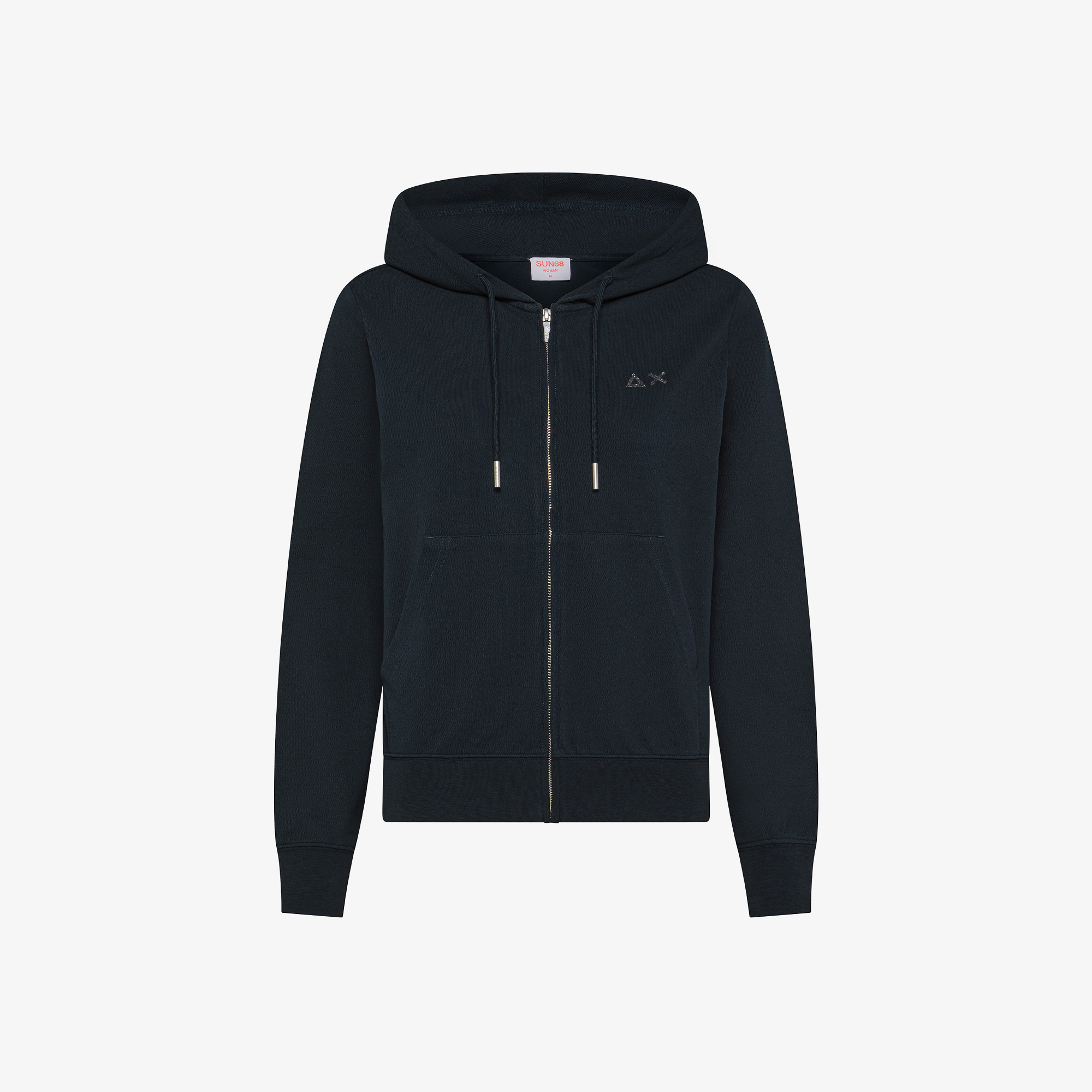 Navy blue cotton hoodie with rhinestone logo