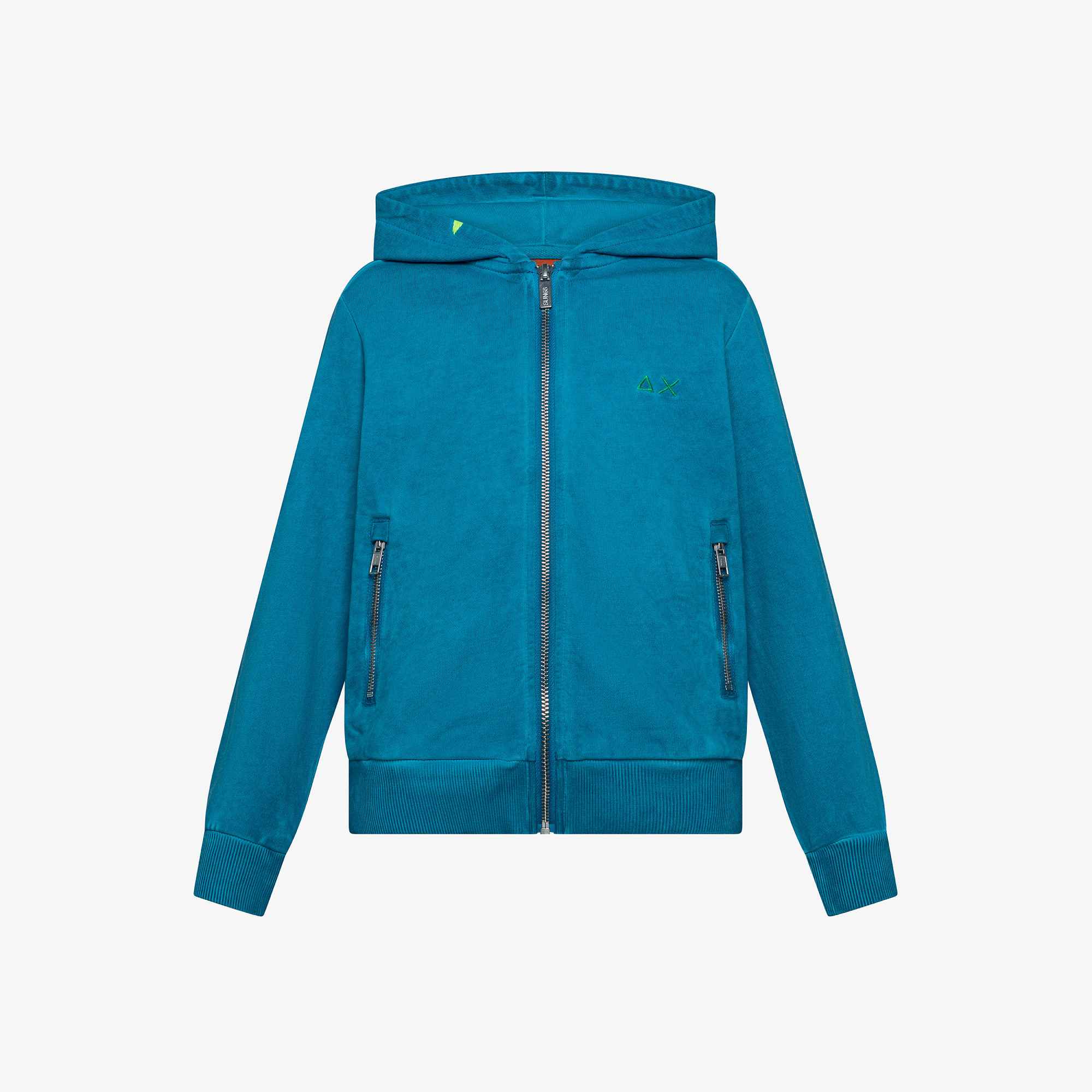 Felpa in cotone ottanio chiaro con cappuccio e zip
