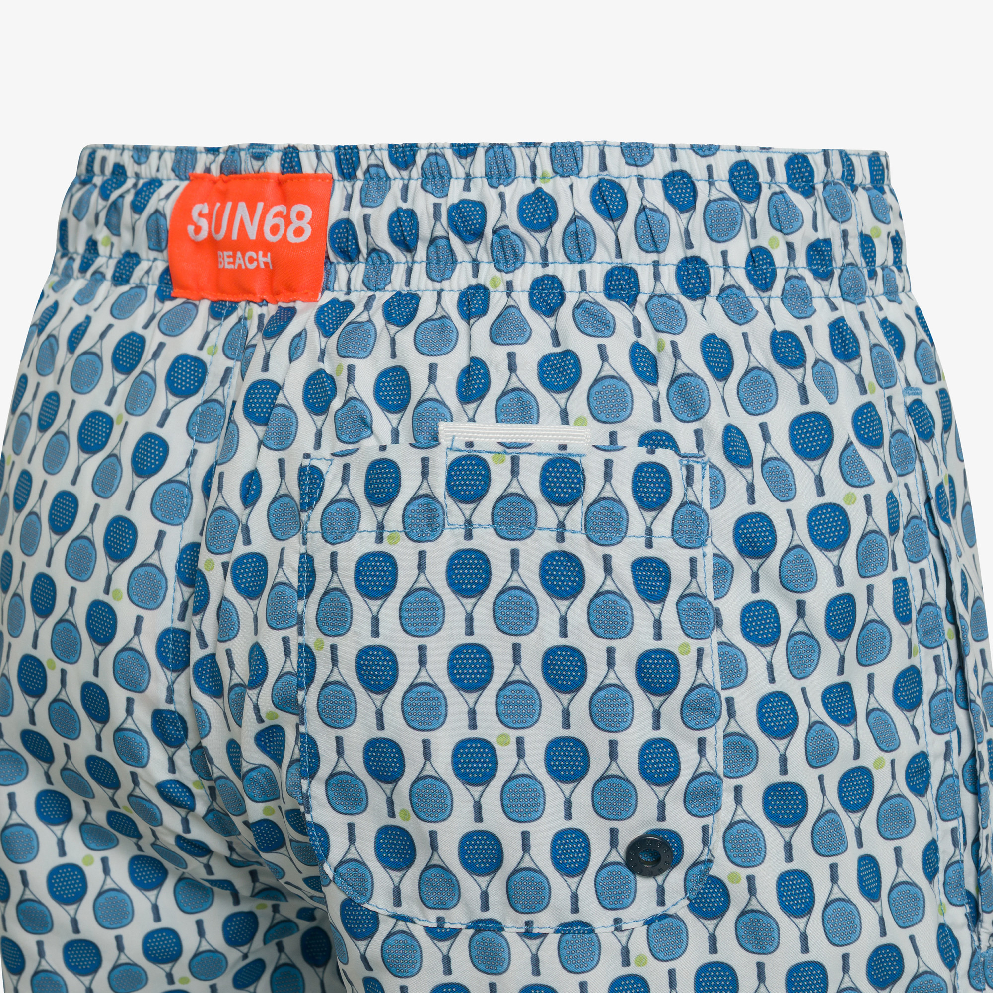 White and turquoise printed nylon swim shorts