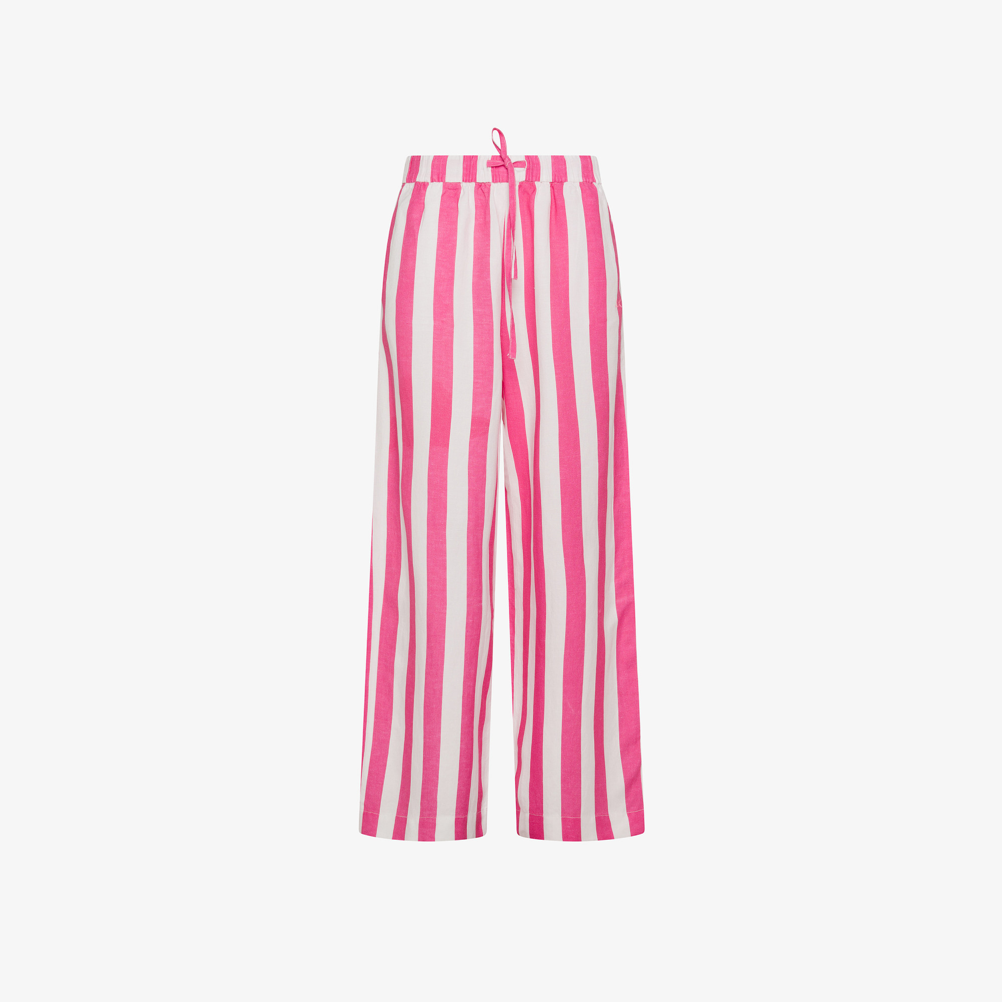 Pantaloni in lino a righe bianche e fucsia