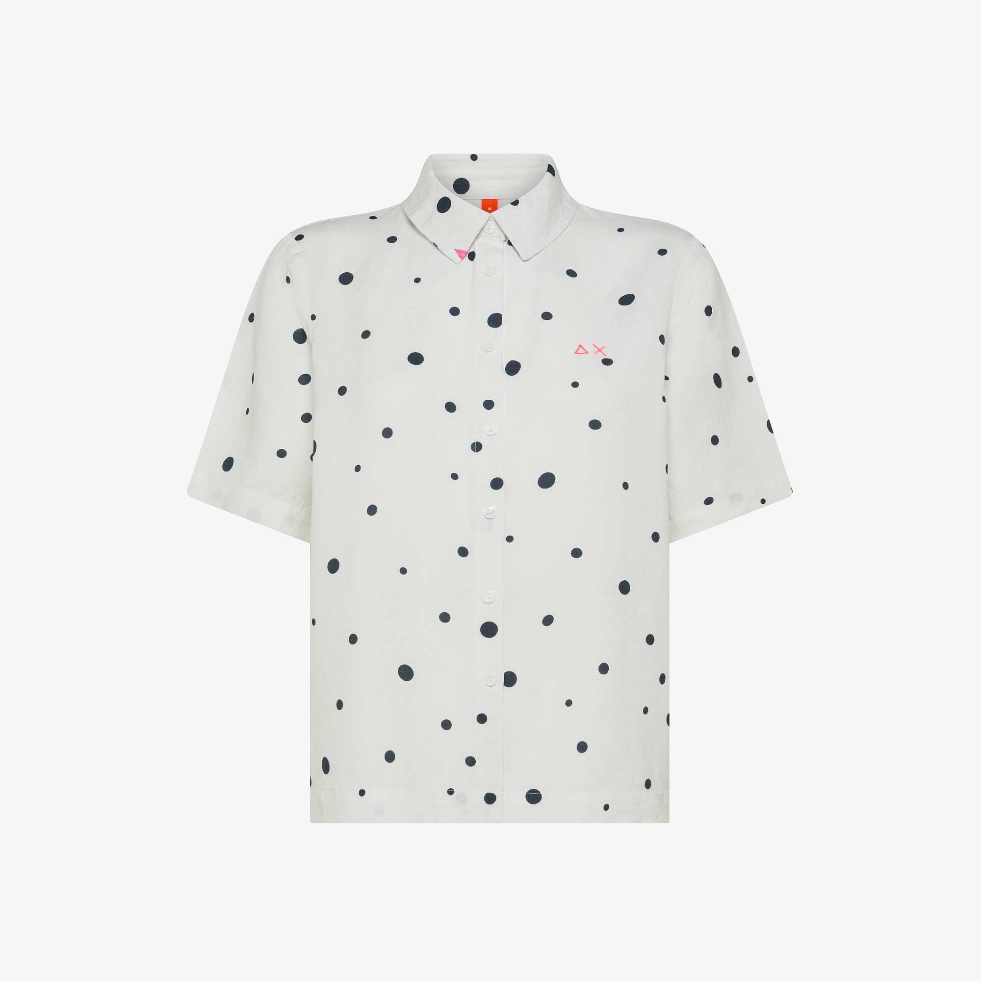 White and navy blue polka-dot linen shirt