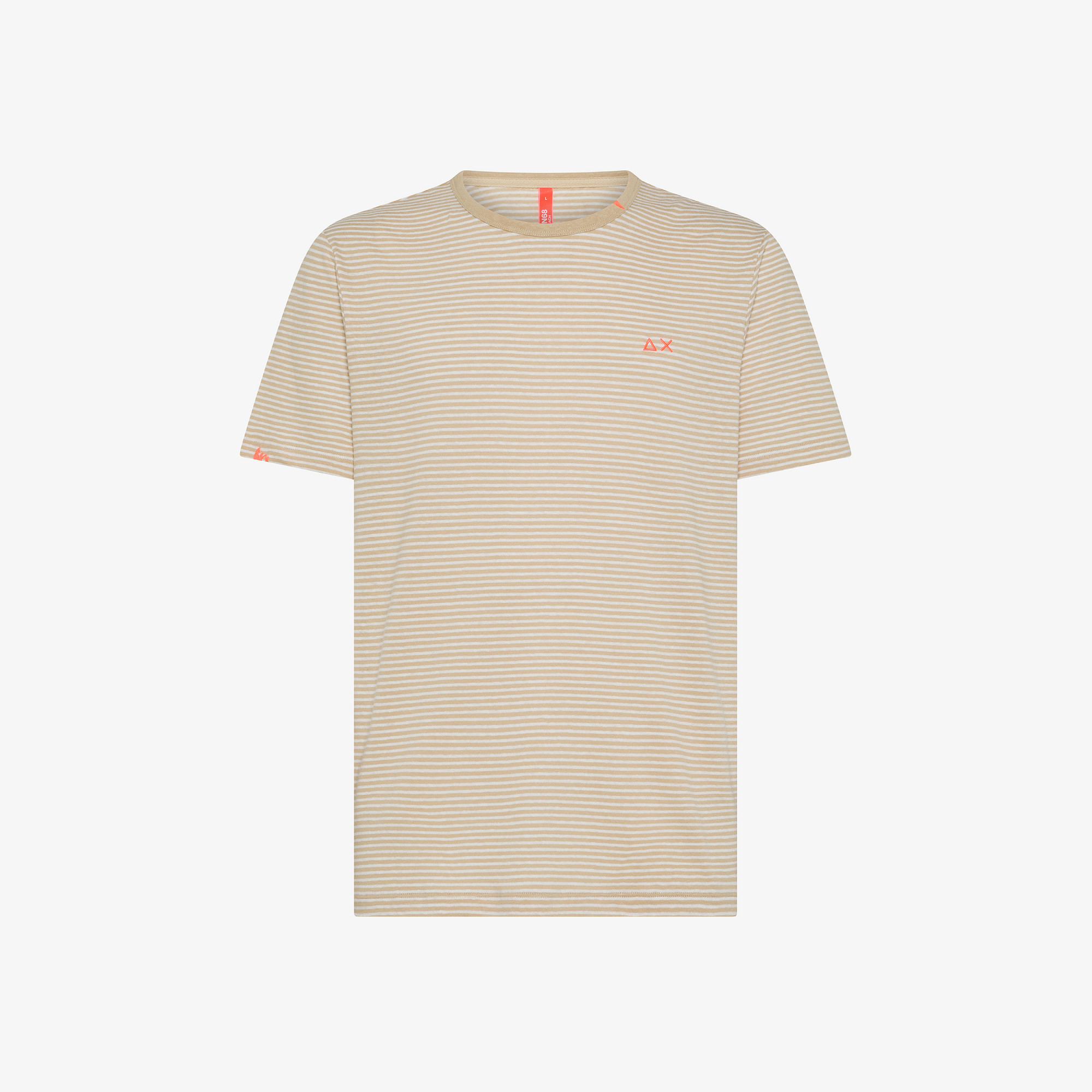 T-shirt in lino e cotone a righe sabbia e bianco panna