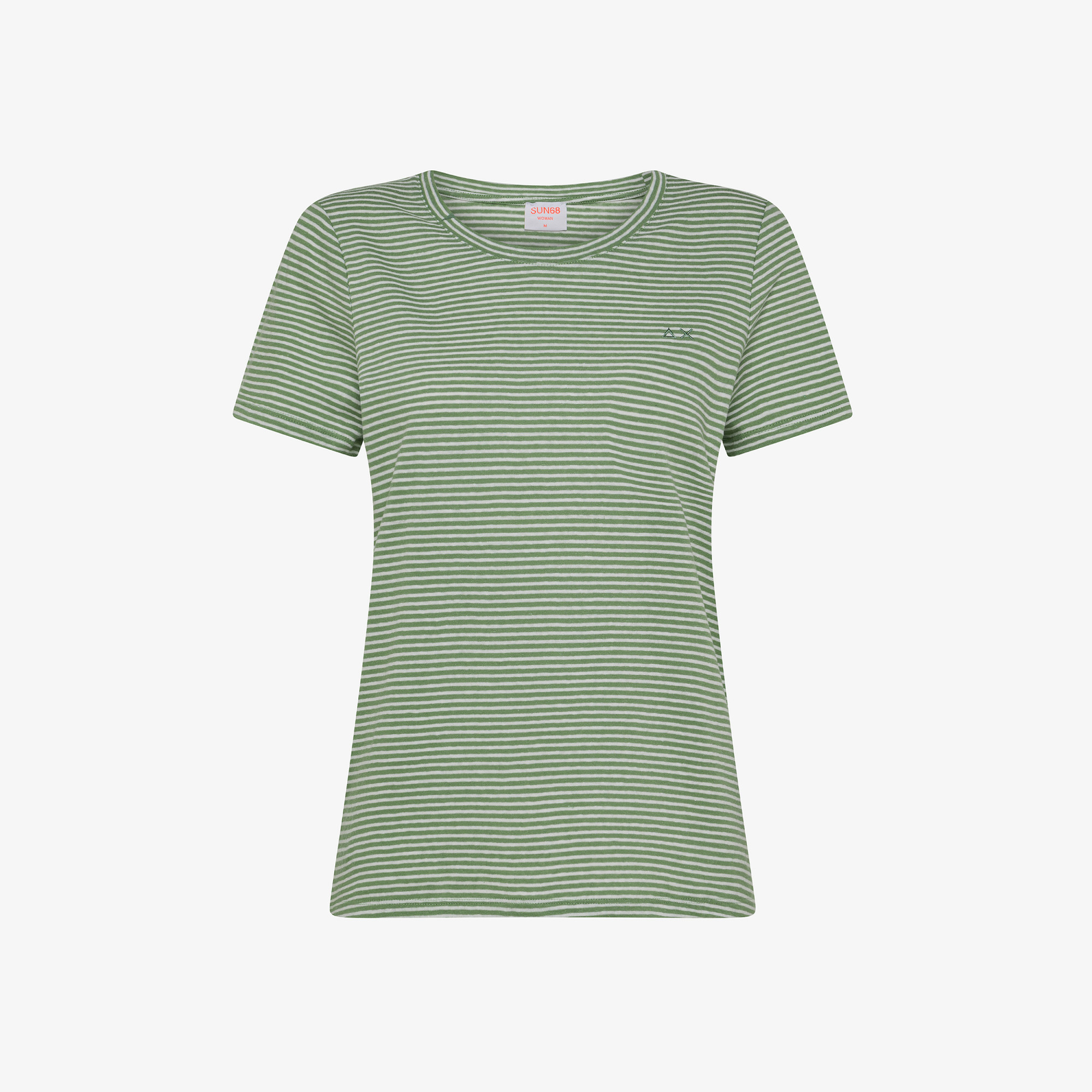 T-SHIRT ROUND NECK STRIPES LINEN S/S OFF WHITE/SAGE GREEN
