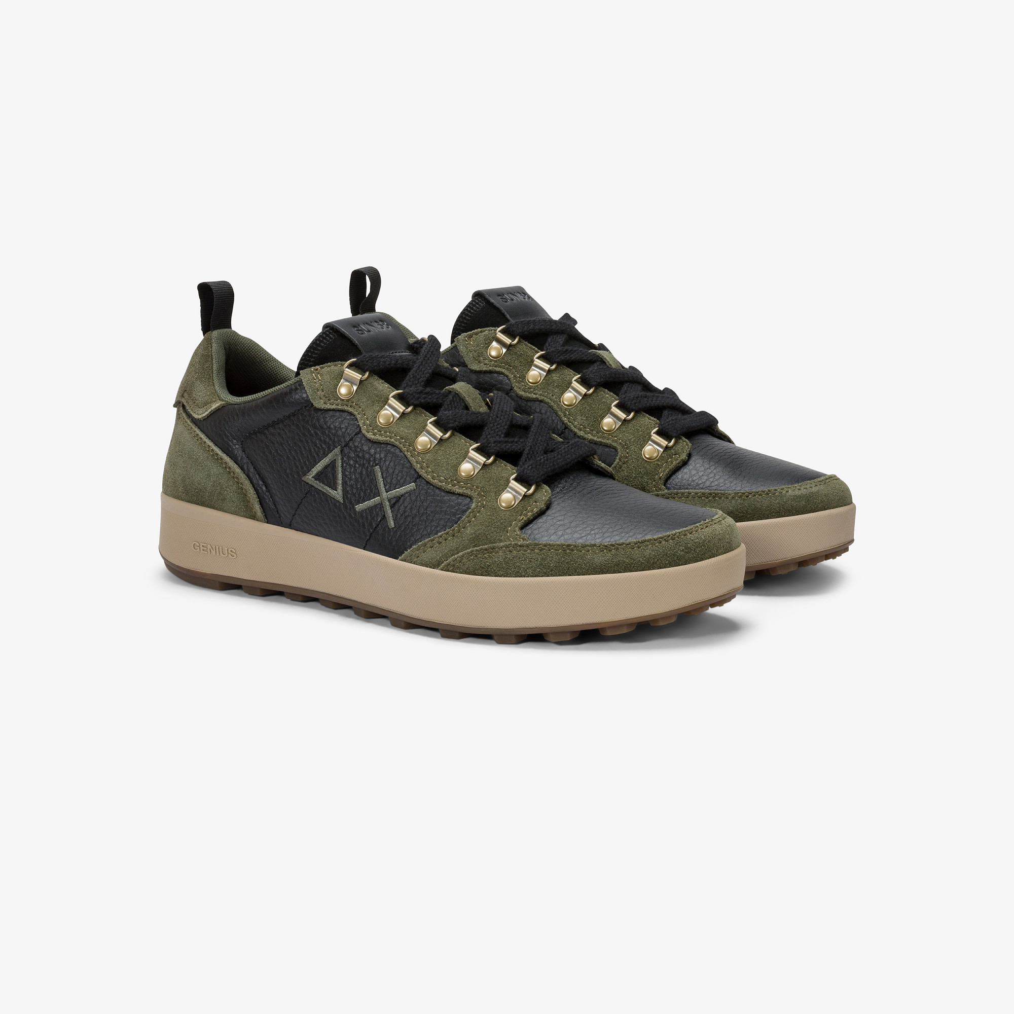 Dark military Genius tumbled leather and suede sneaker