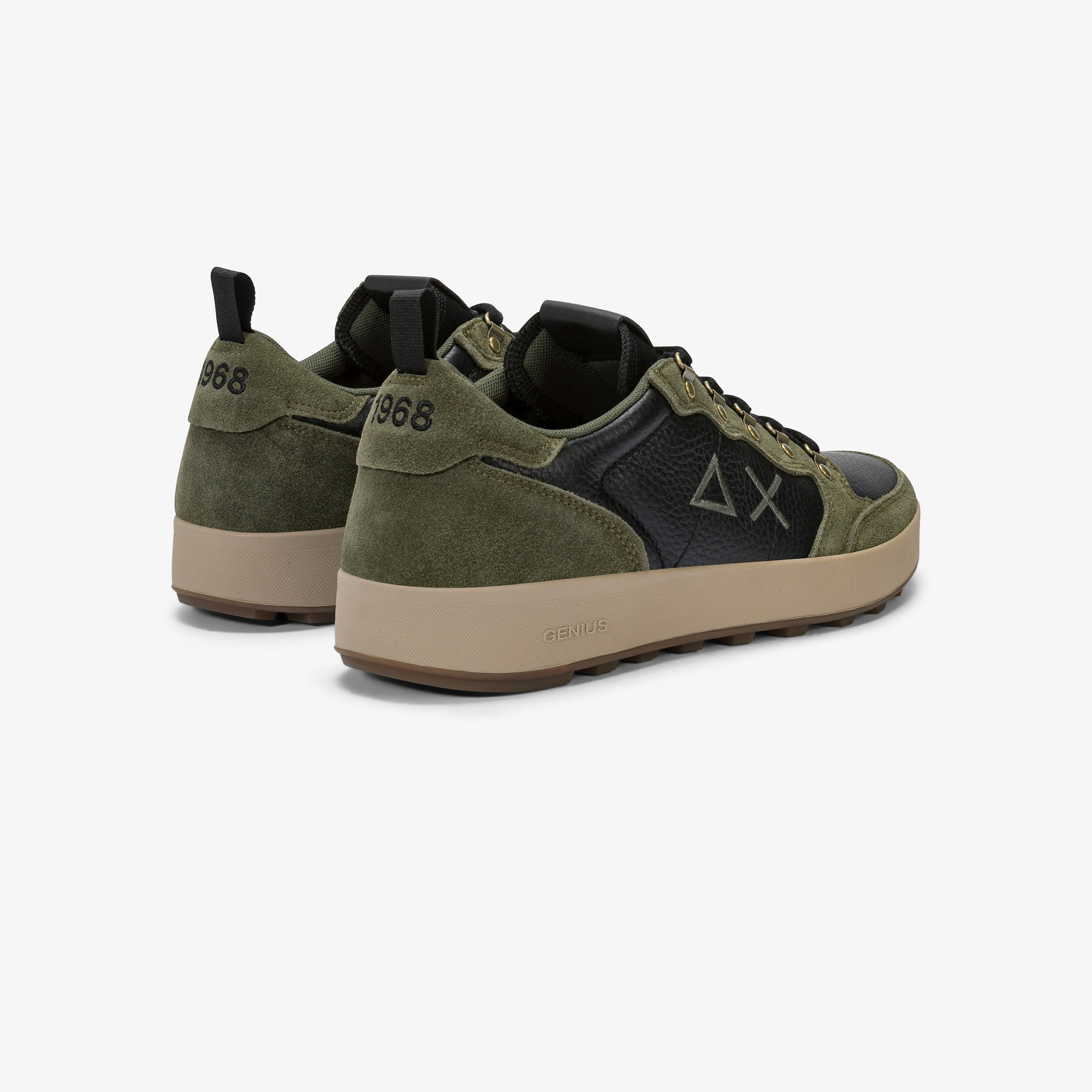 Dark military Genius tumbled leather and suede sneaker