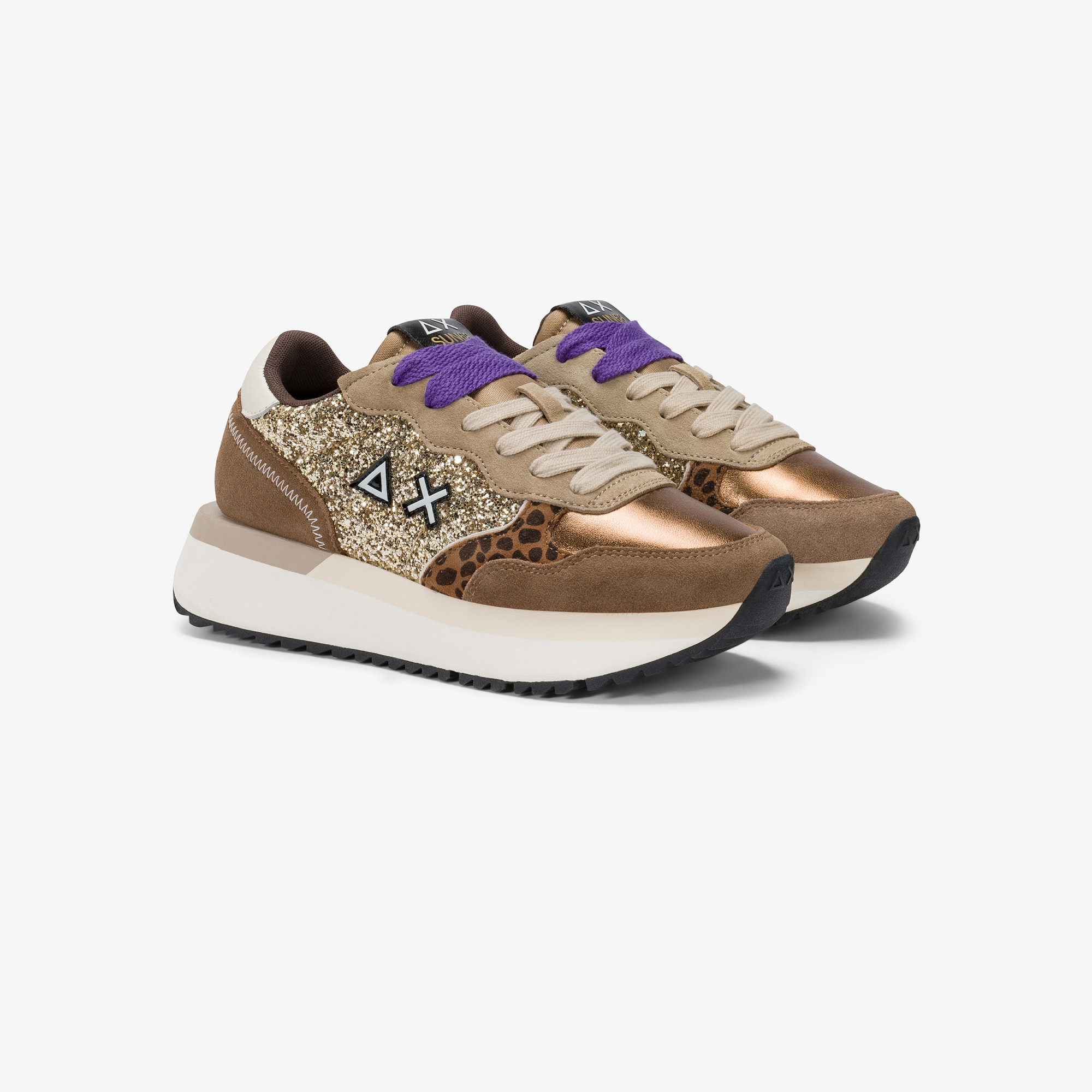 Gold big Ally Glitter faux leather and suede sneaker