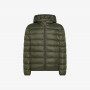 Dark military nylon hooded puffer jacket