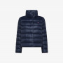 Navy blue quilted nylon puffer jacket with high collar