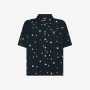 Navy blue and white polka-dot linen shirt
