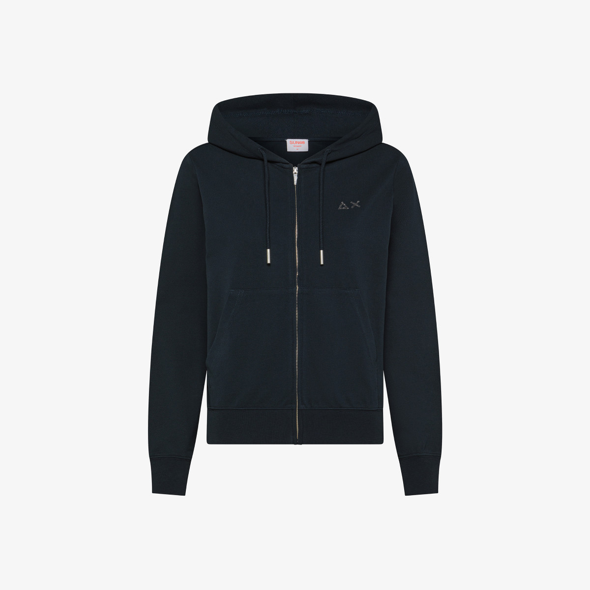 Navy blue cotton hoodie with rhinestone logo