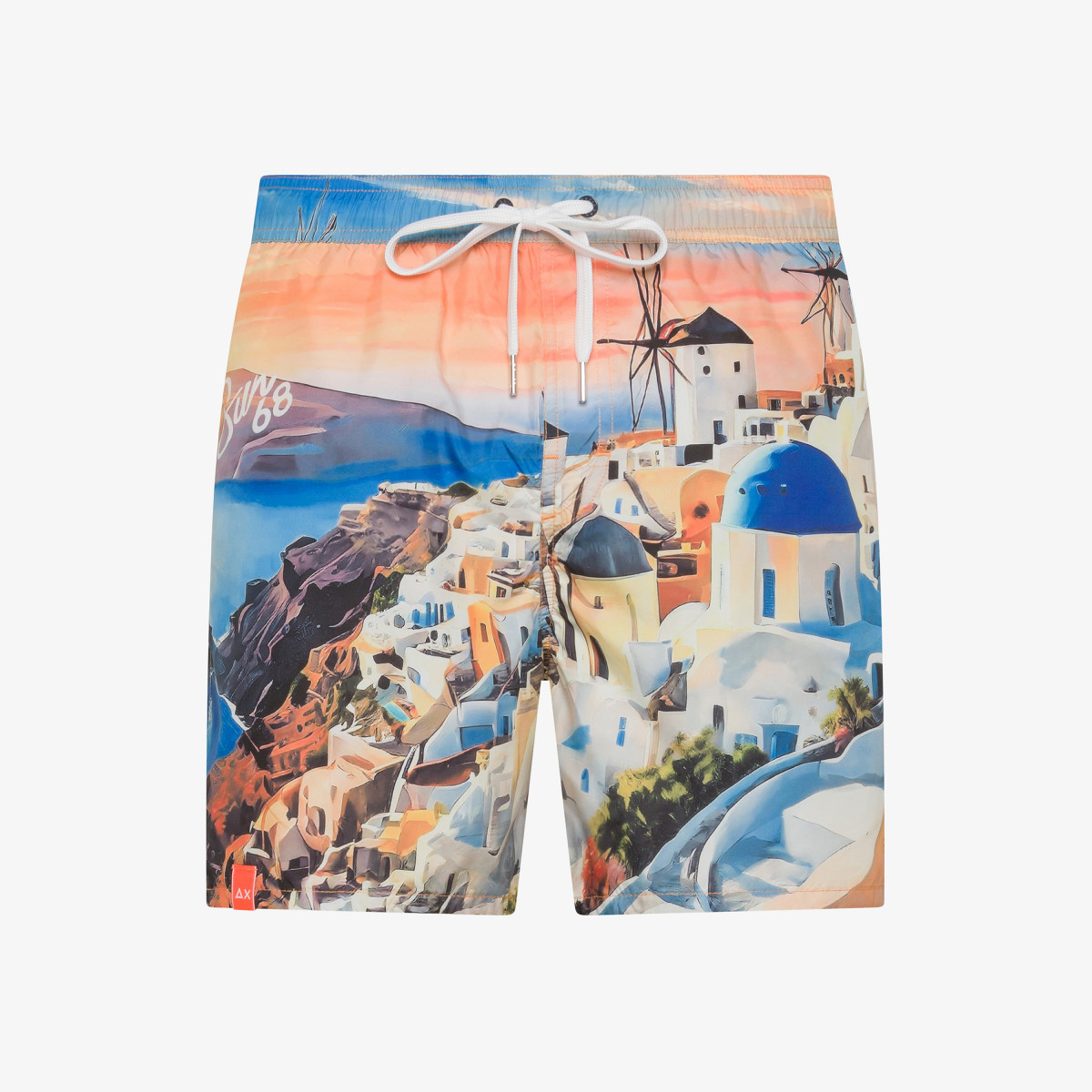 Orange and royal blue printed swim shorts