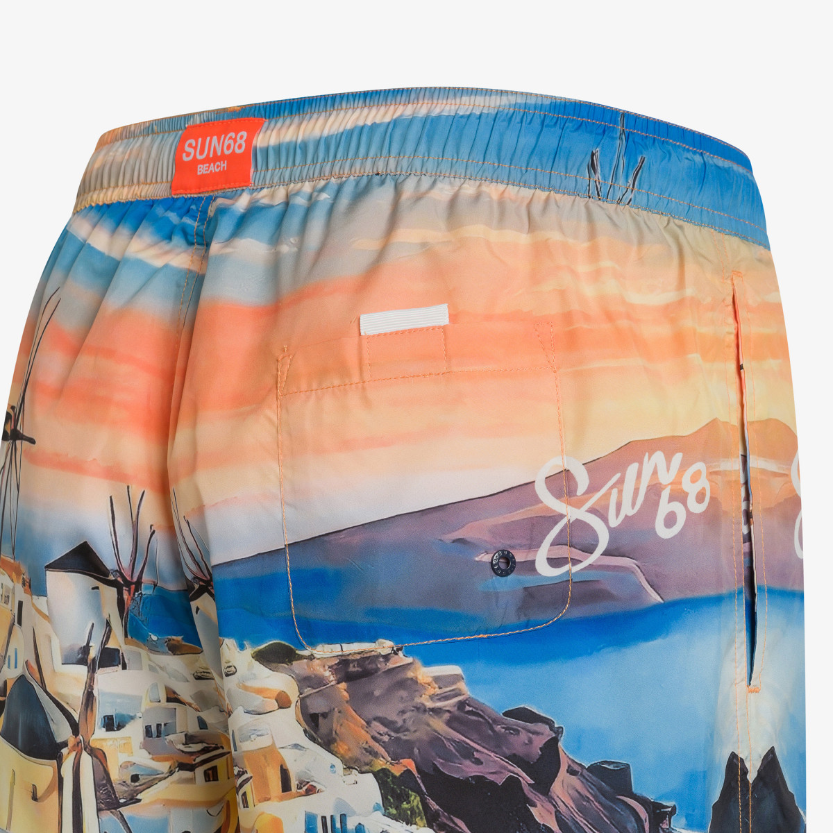 Orange and royal blue printed swim shorts