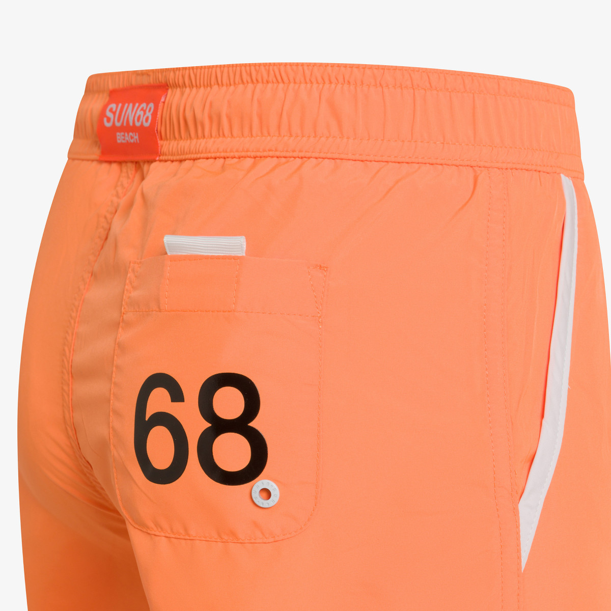 Fluorescent orange nylon swim shorts
