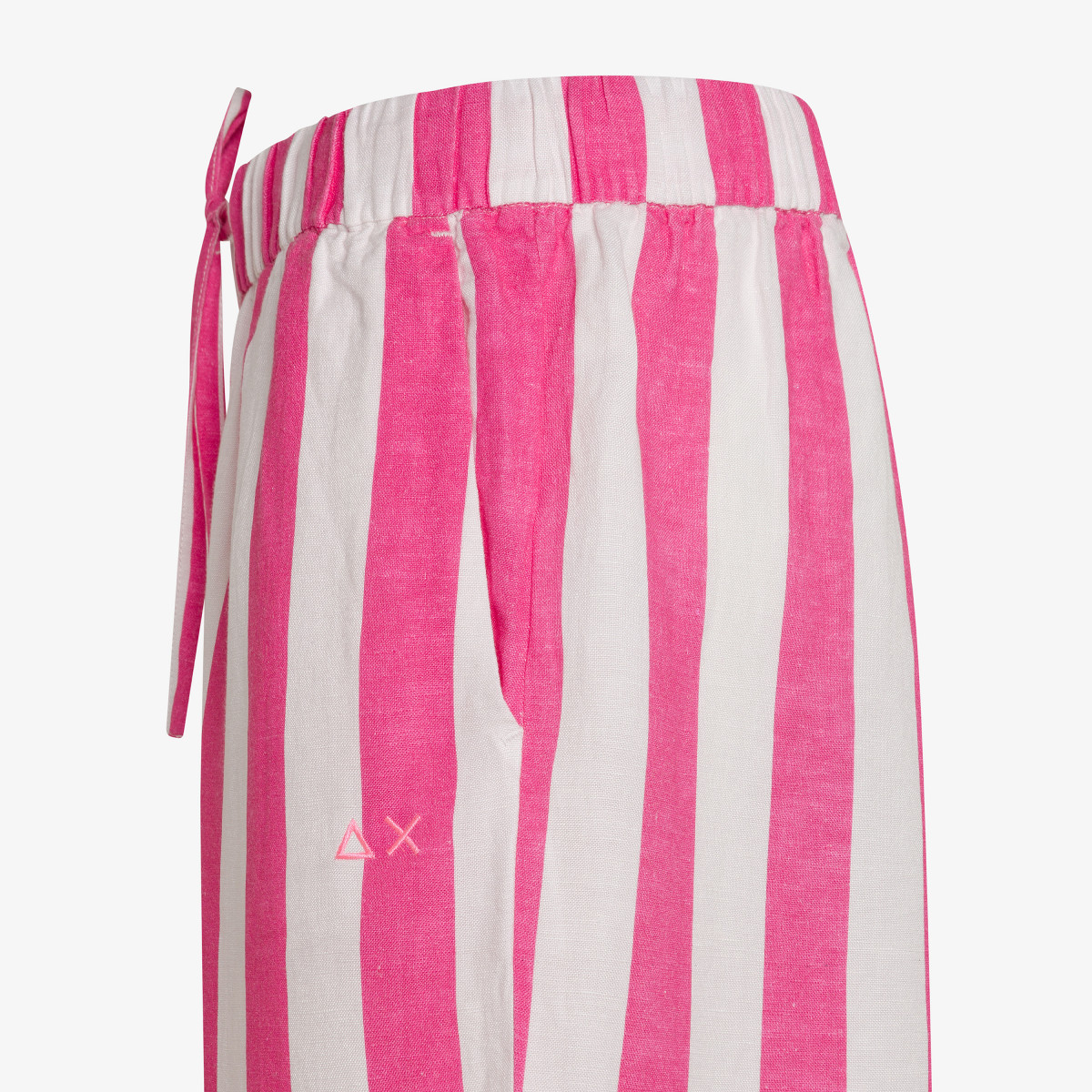 Pantaloni in lino a righe bianche e fucsia