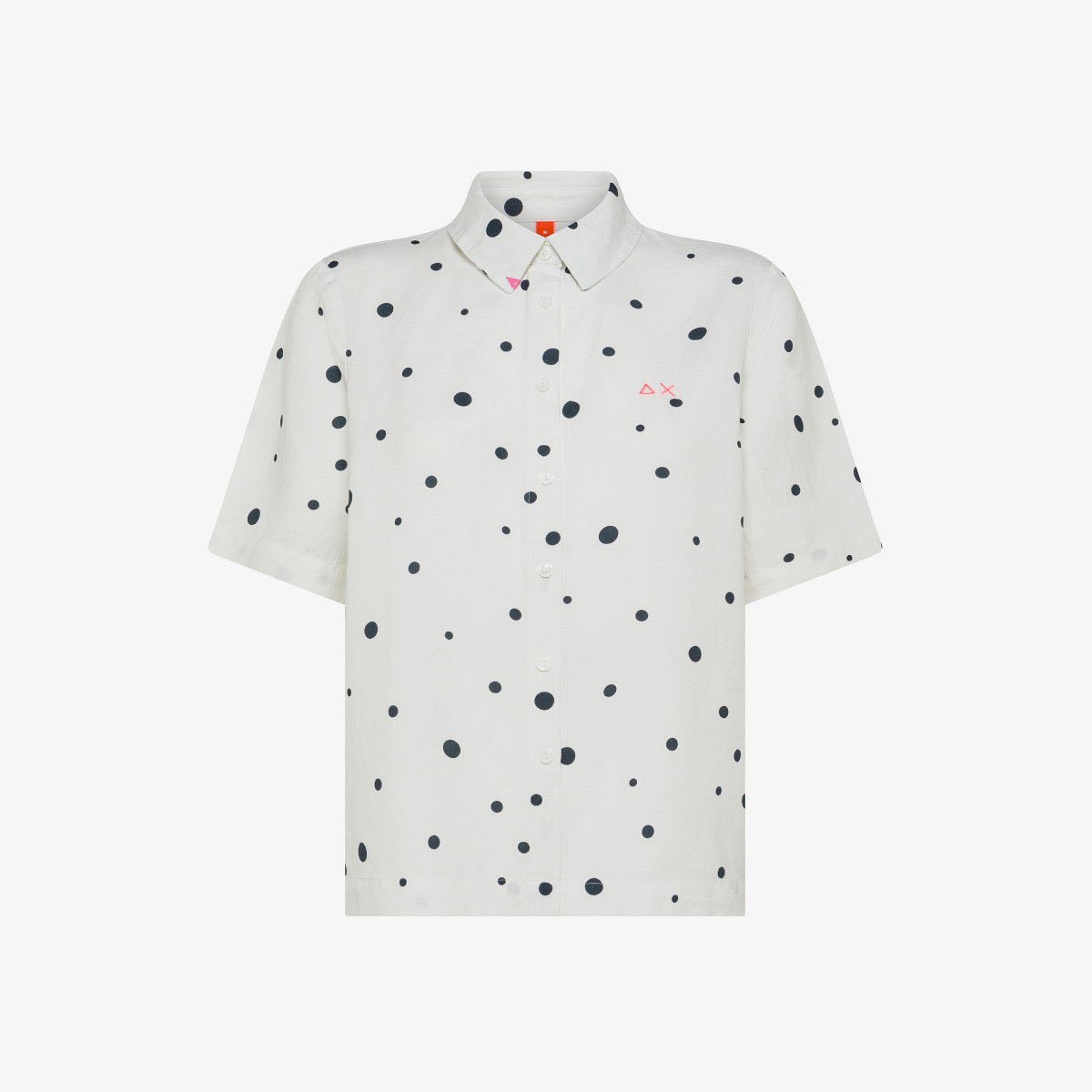 White and navy blue polka-dot linen shirt