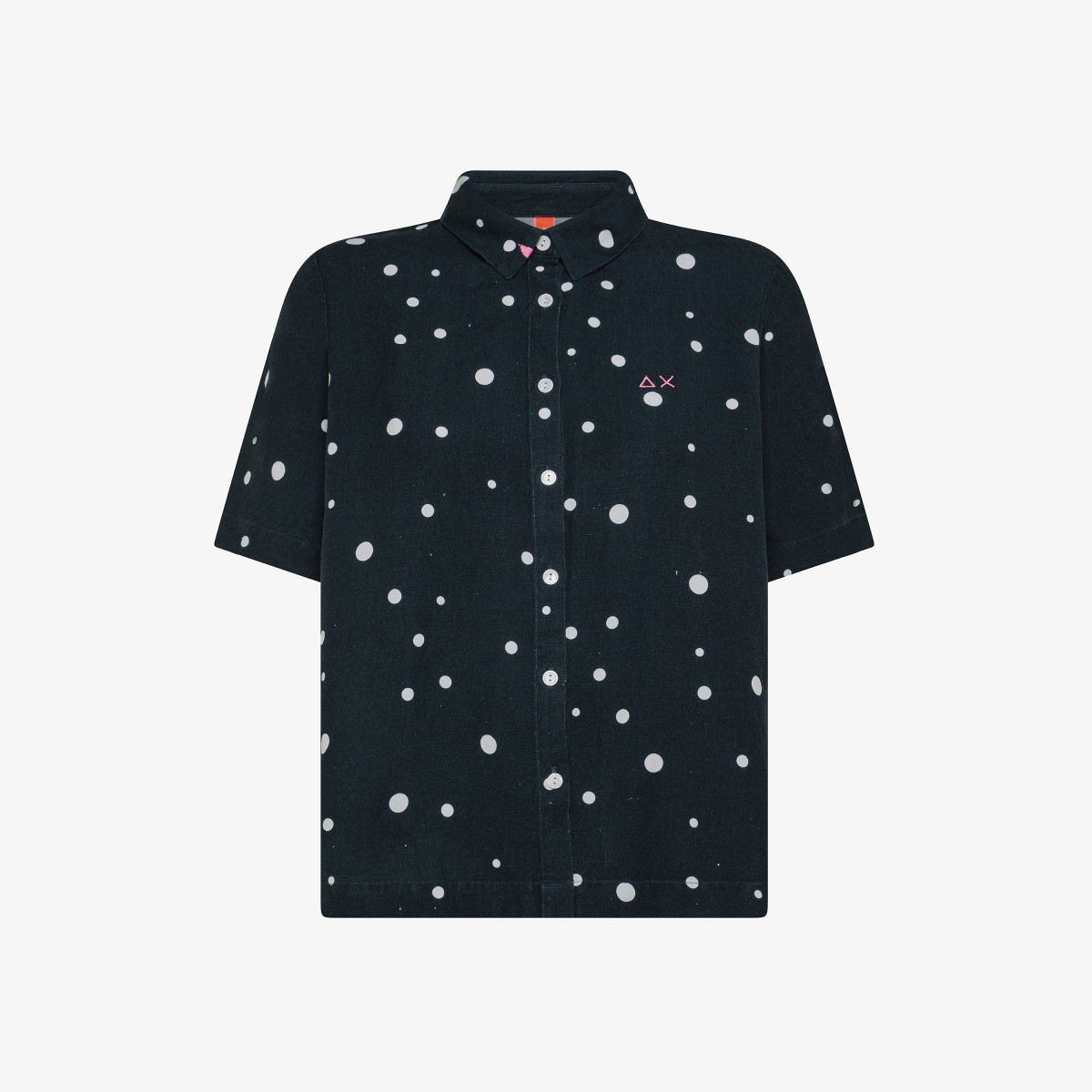 Camicia in lino blu navy e bianco a pois