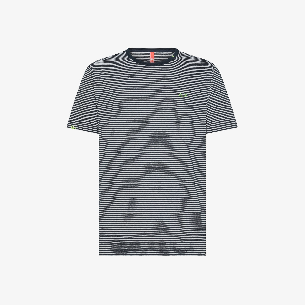 T-shirt in lino e cotone a righe blu navy e bianco panna