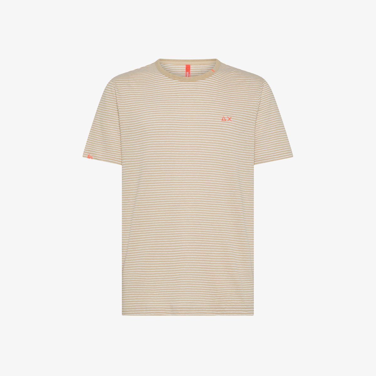 T-shirt in lino e cotone a righe sabbia e bianco panna