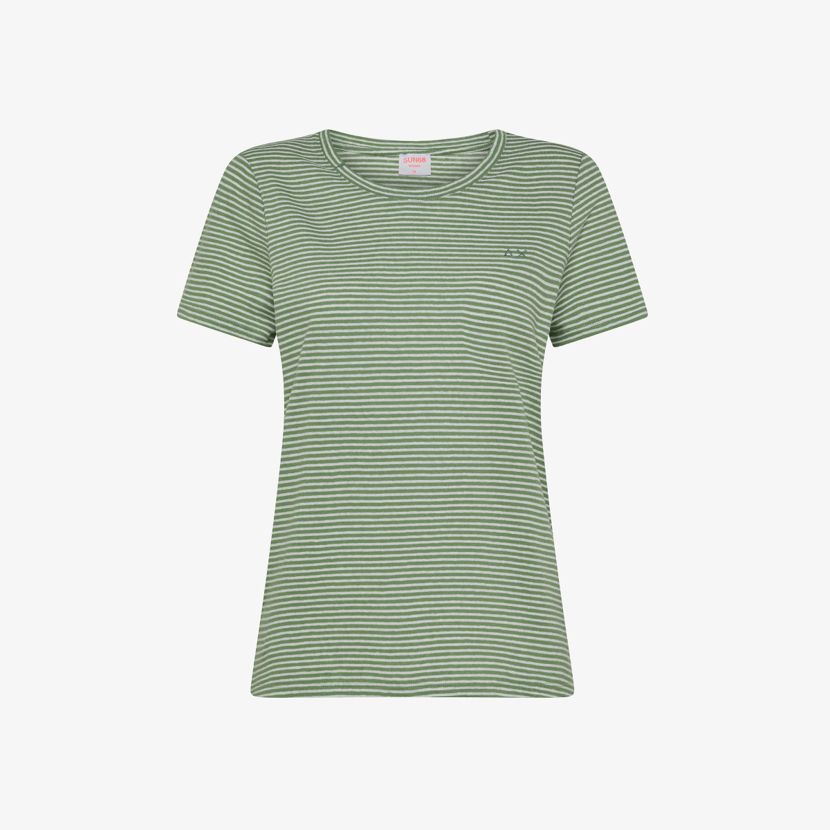 T-SHIRT ROUND NECK STRIPES LINEN S/S OFF WHITE/SAGE GREEN