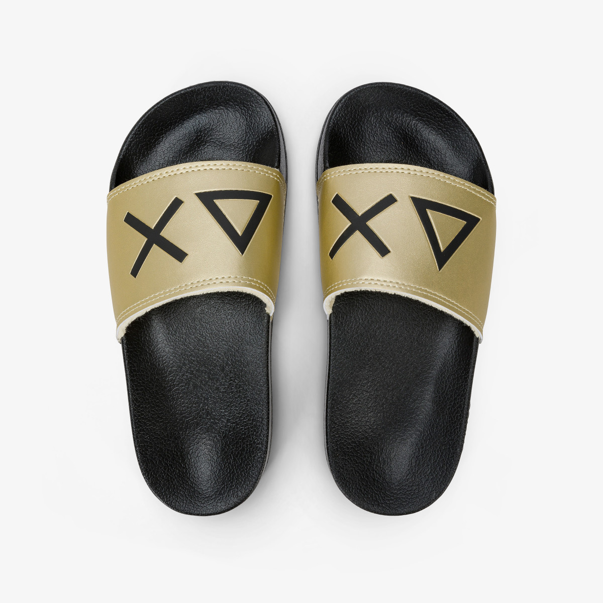 Sandali slide in PU nero e oro