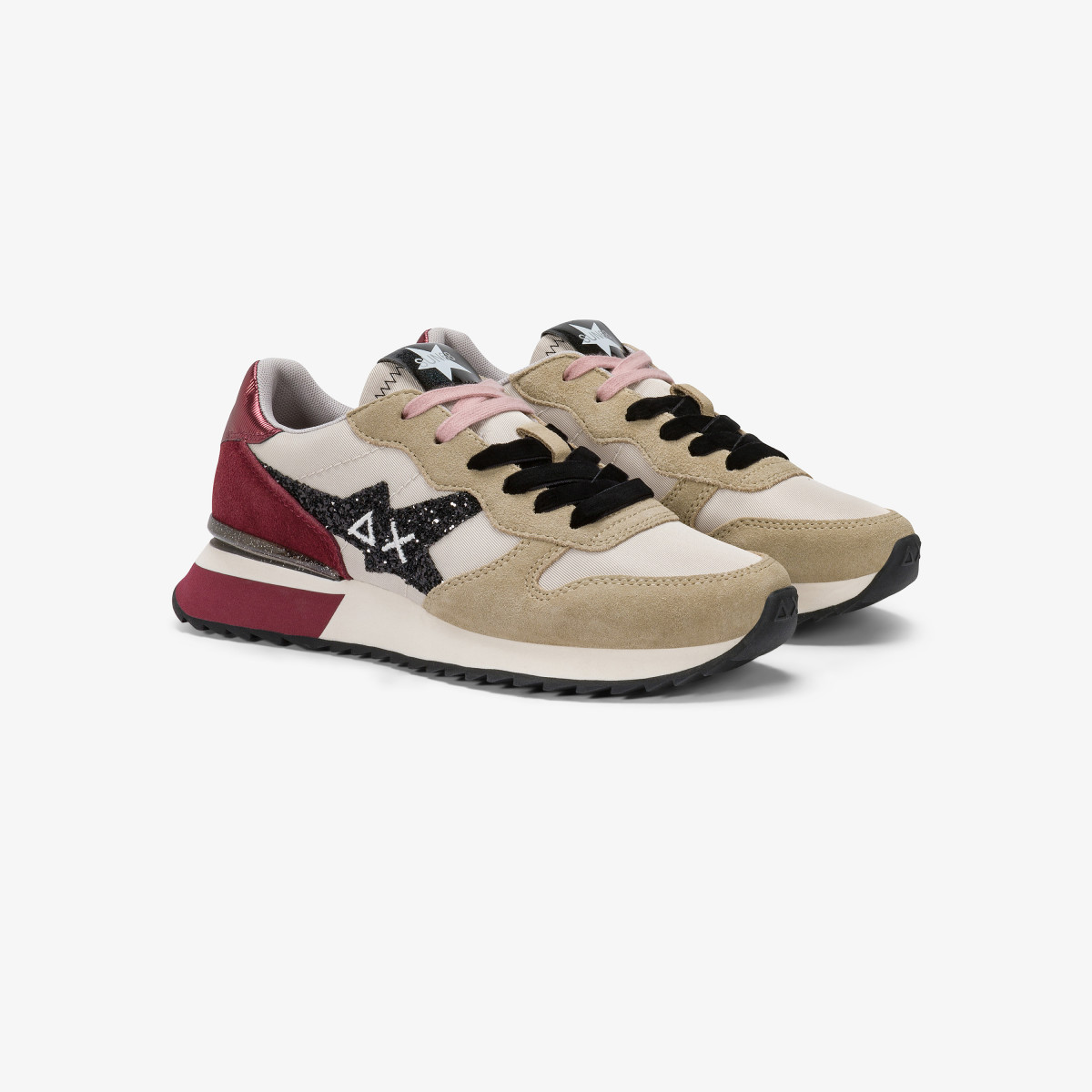 Beige / bordeaux Stargirl Glitter nylon and suede sneaker