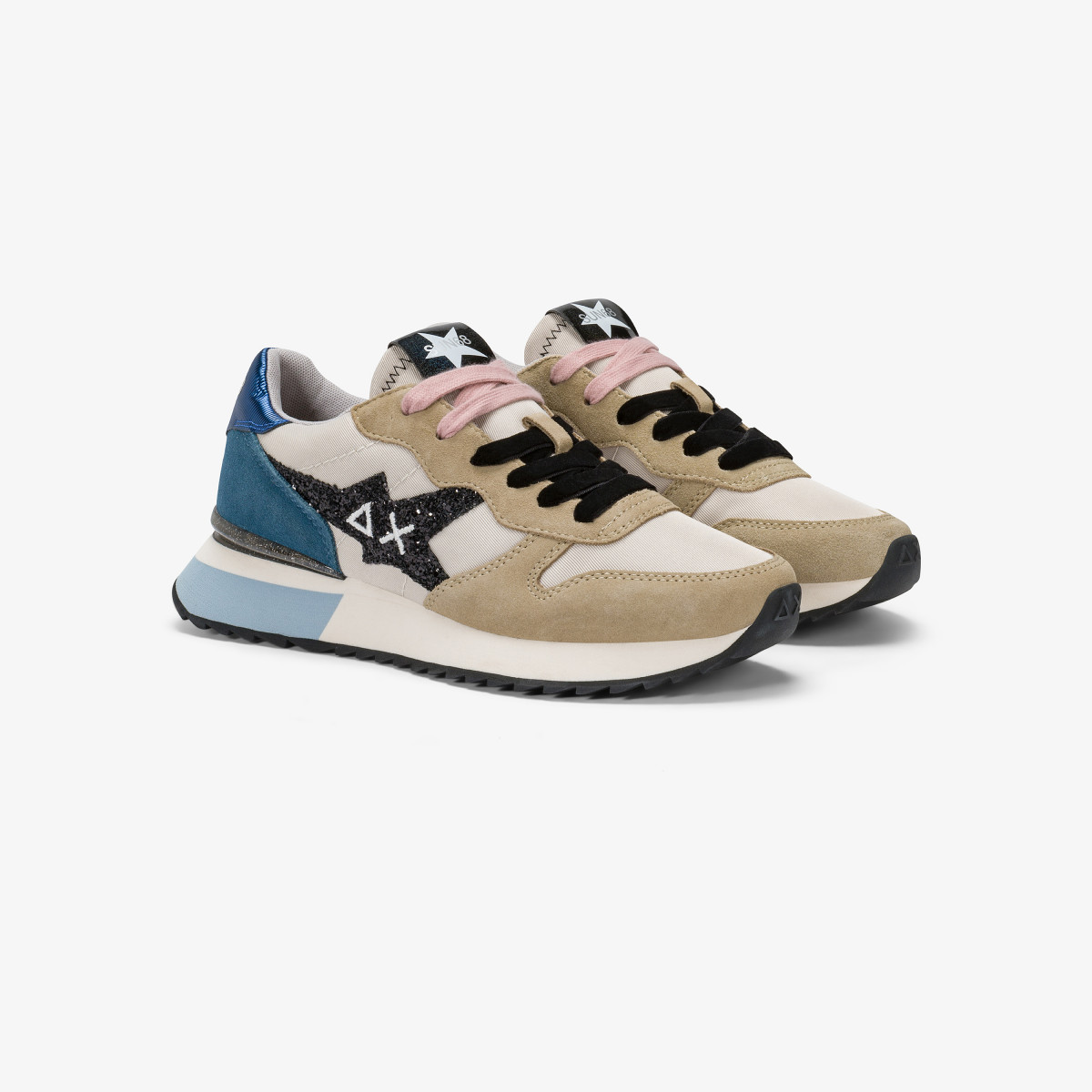 Sneaker Stargirl Glitter in nylon e suede biege/avio scuro