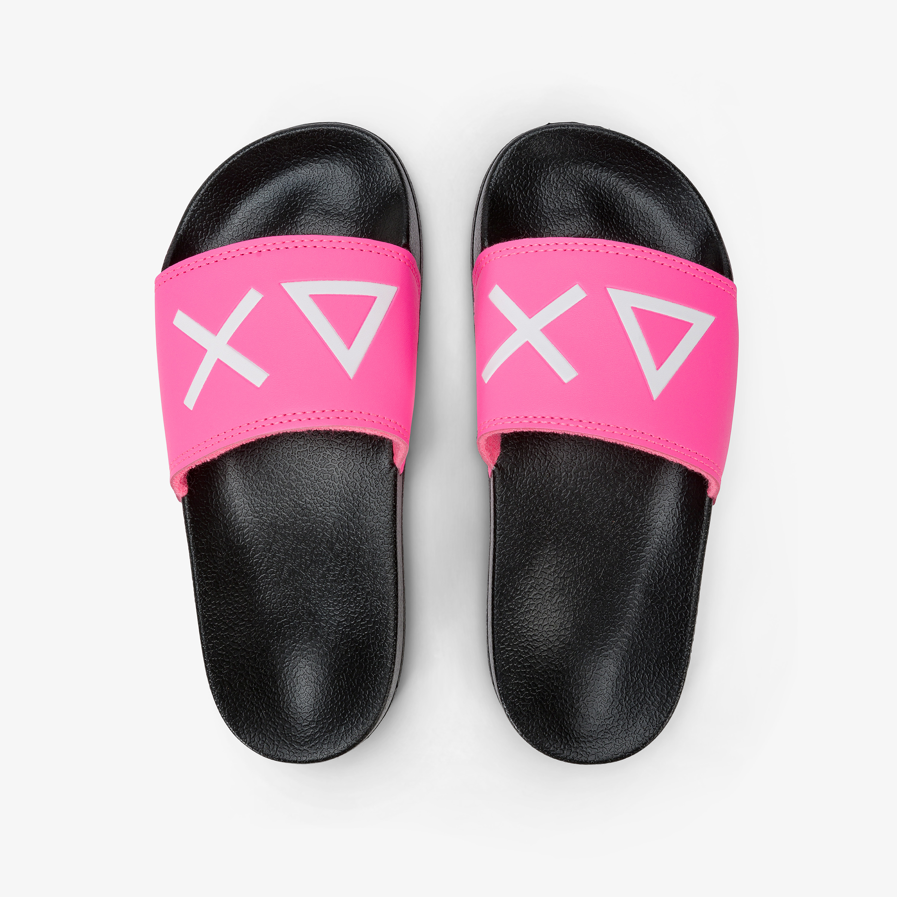 Sandali slide in PU nero e fucsia fluo