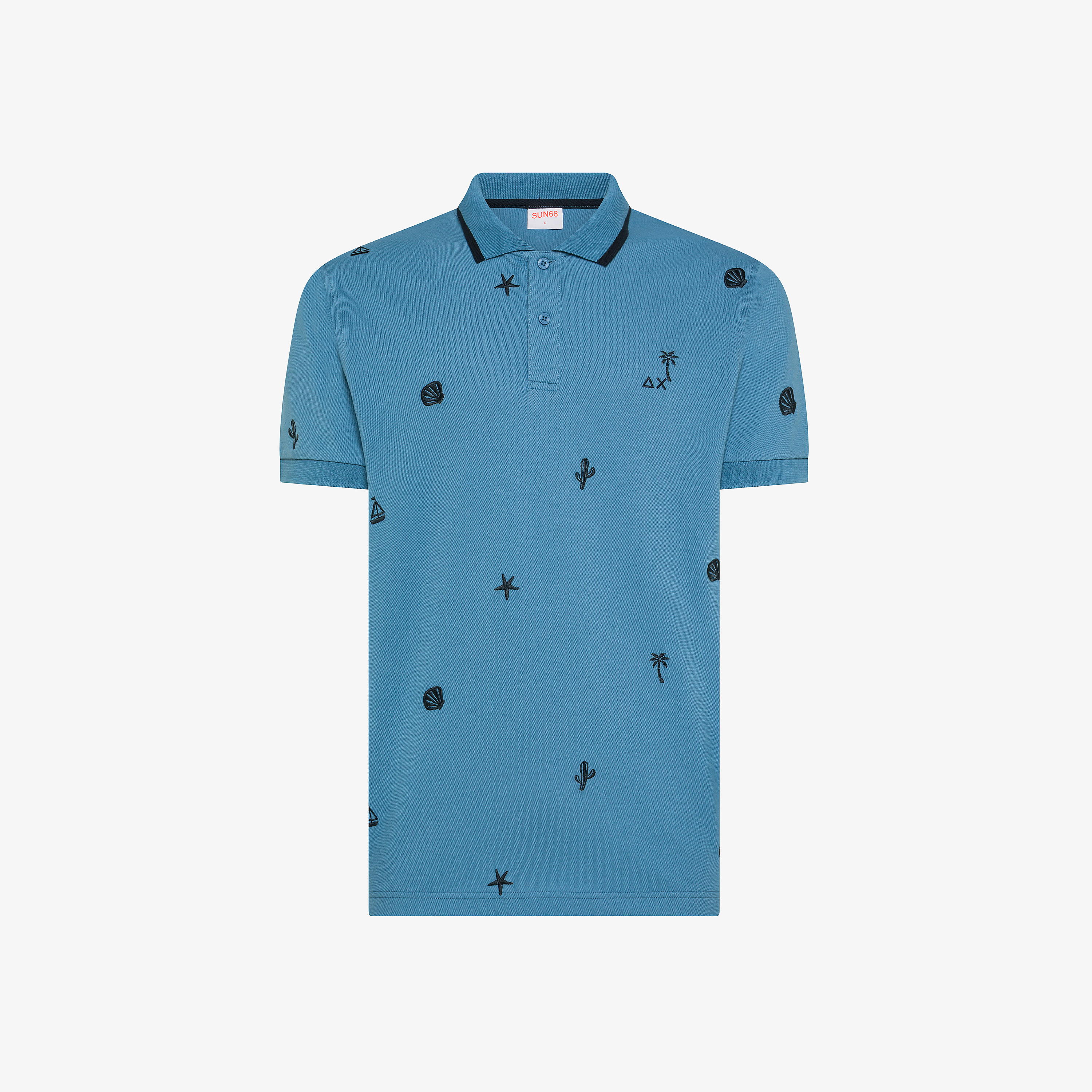 Avio blue cotton piqué polo shirt with embroidery