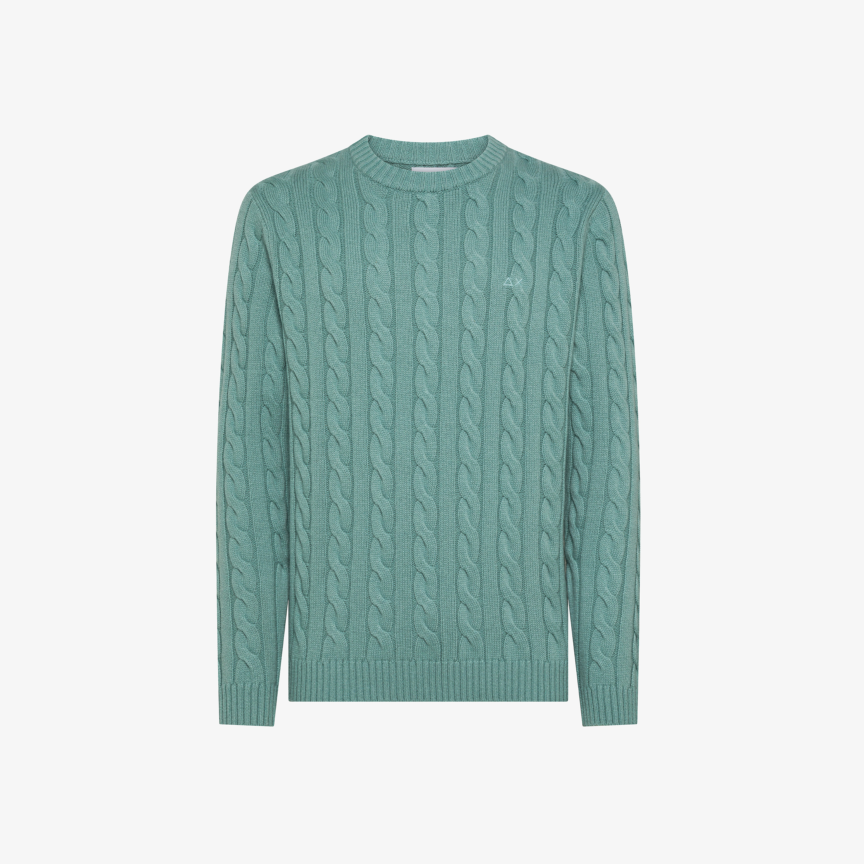 Maglia girocollo in misto lana a trecce azzurro cenere