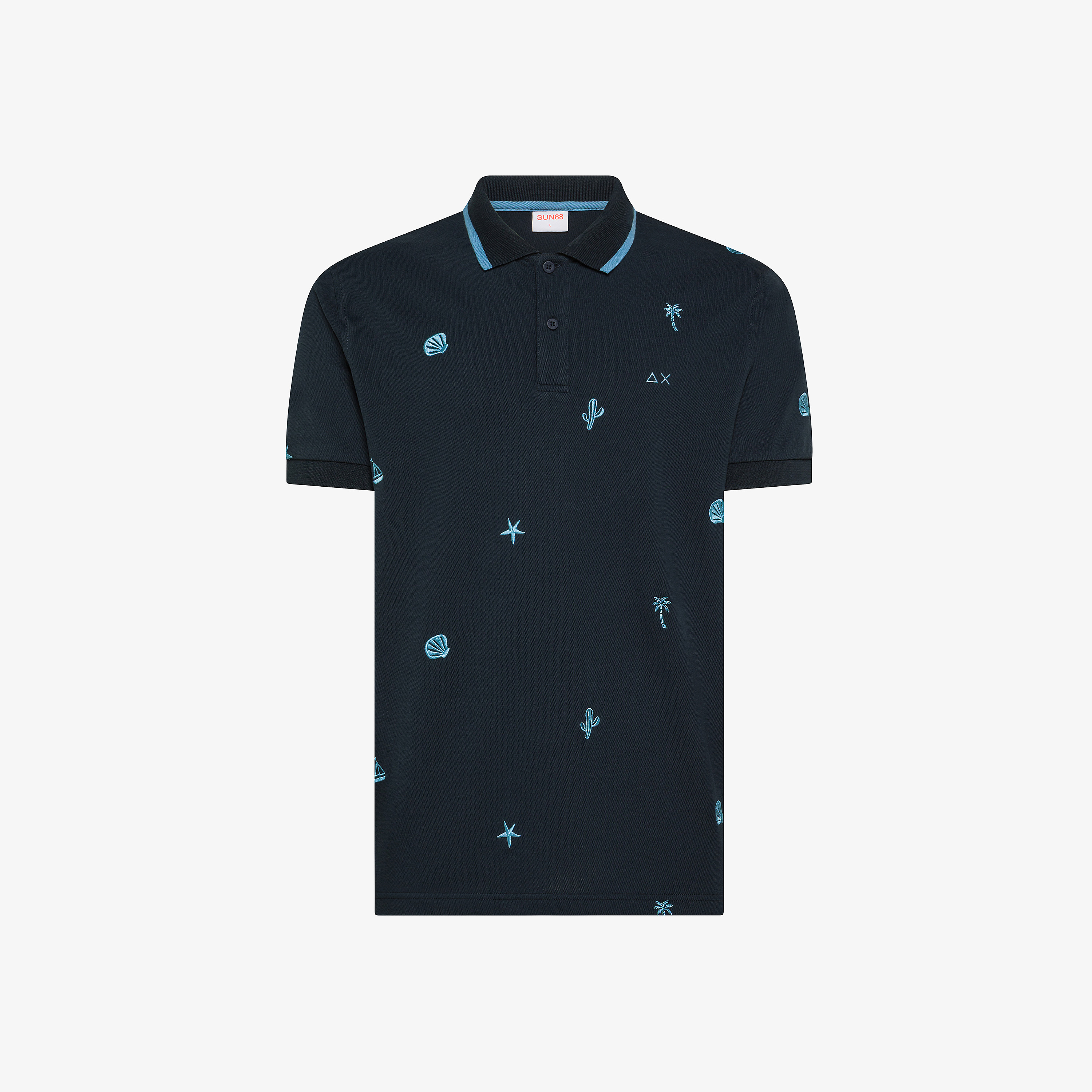 Navy blue cotton piqué polo shirt with embroidery