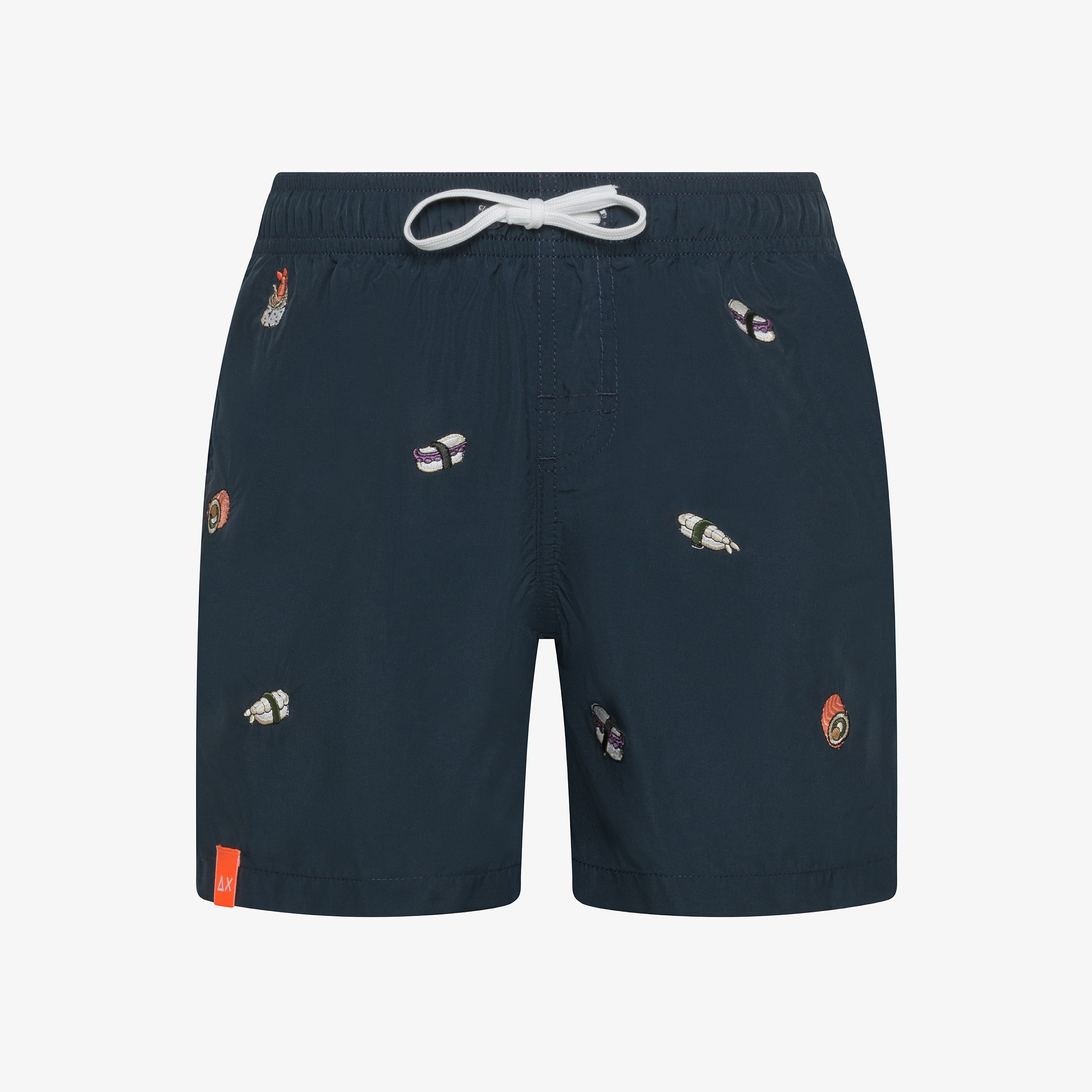 Navy blue striped swim shorts with embroidery Navy blue striped swim shorts with embroidery
