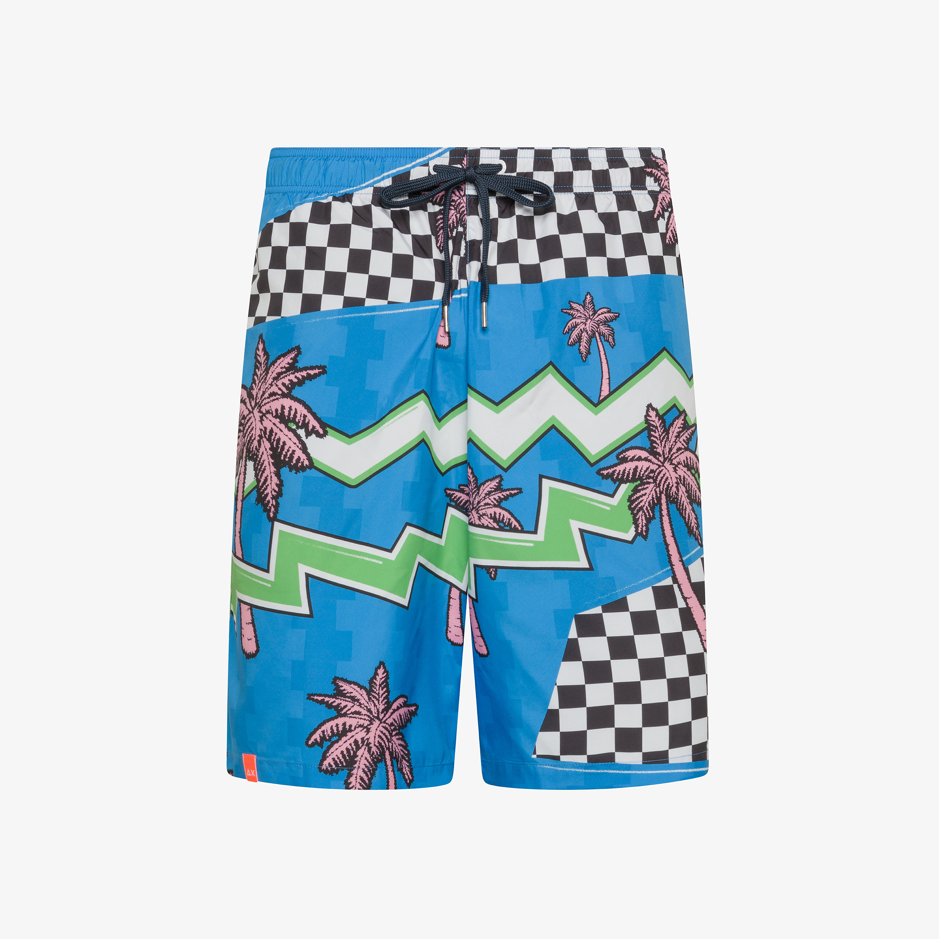 Blue and white printed nylon swim shorts