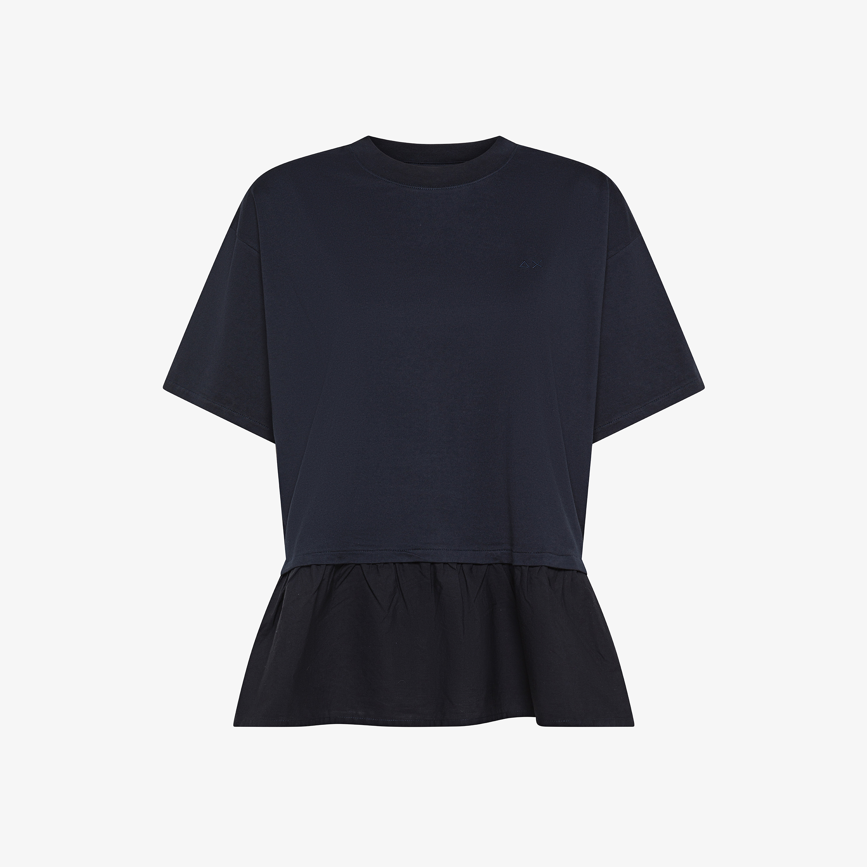 Navy blue cotton T-shirt with flounce hem