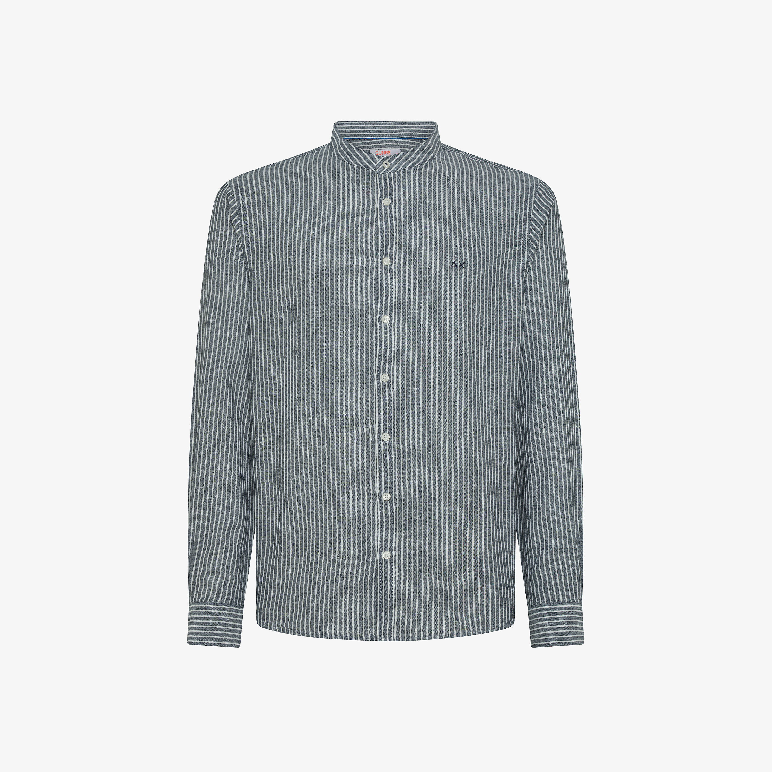 Navy blue and white striped linen and cotton shirt