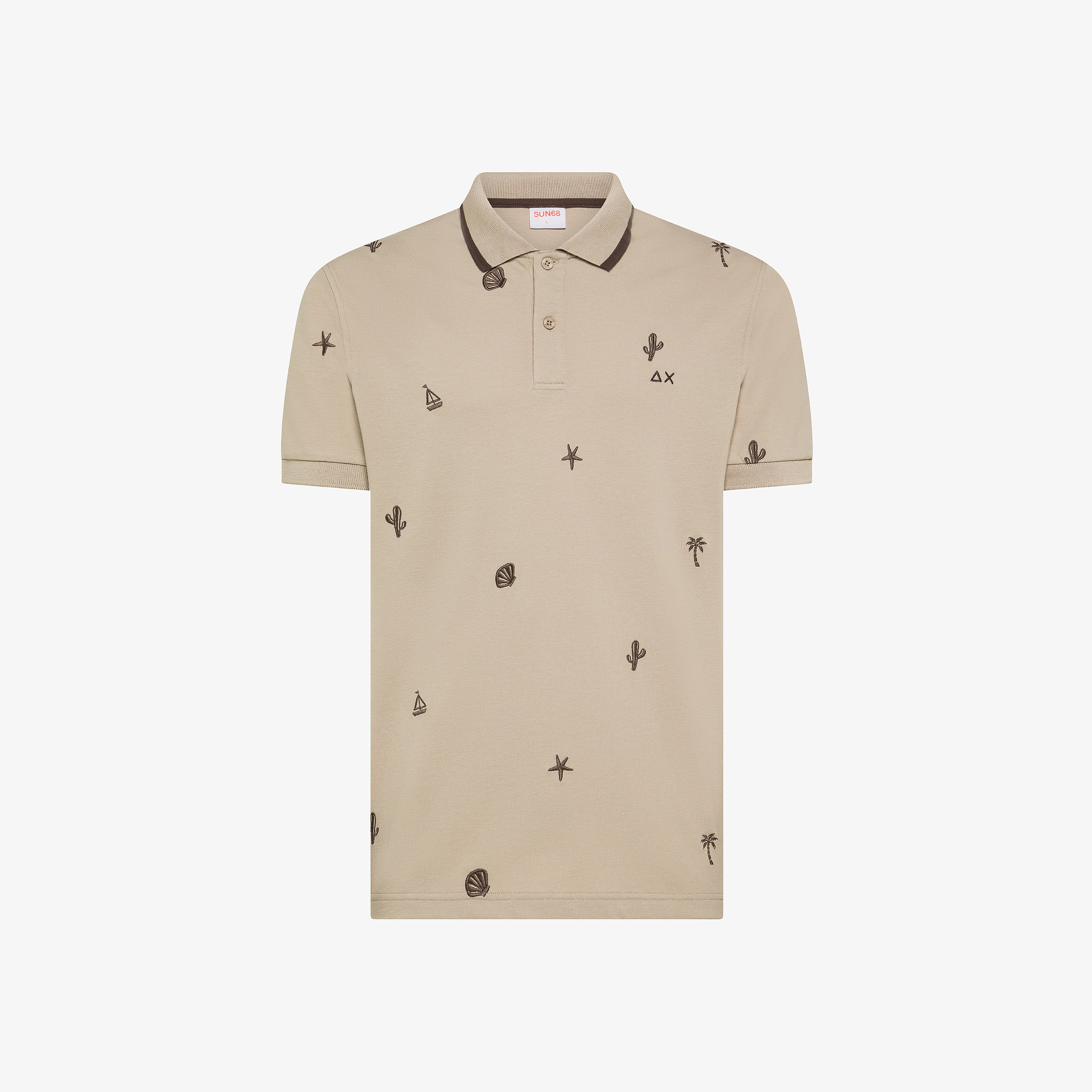 Stone grey cotton piqué polo shirt with embroidery