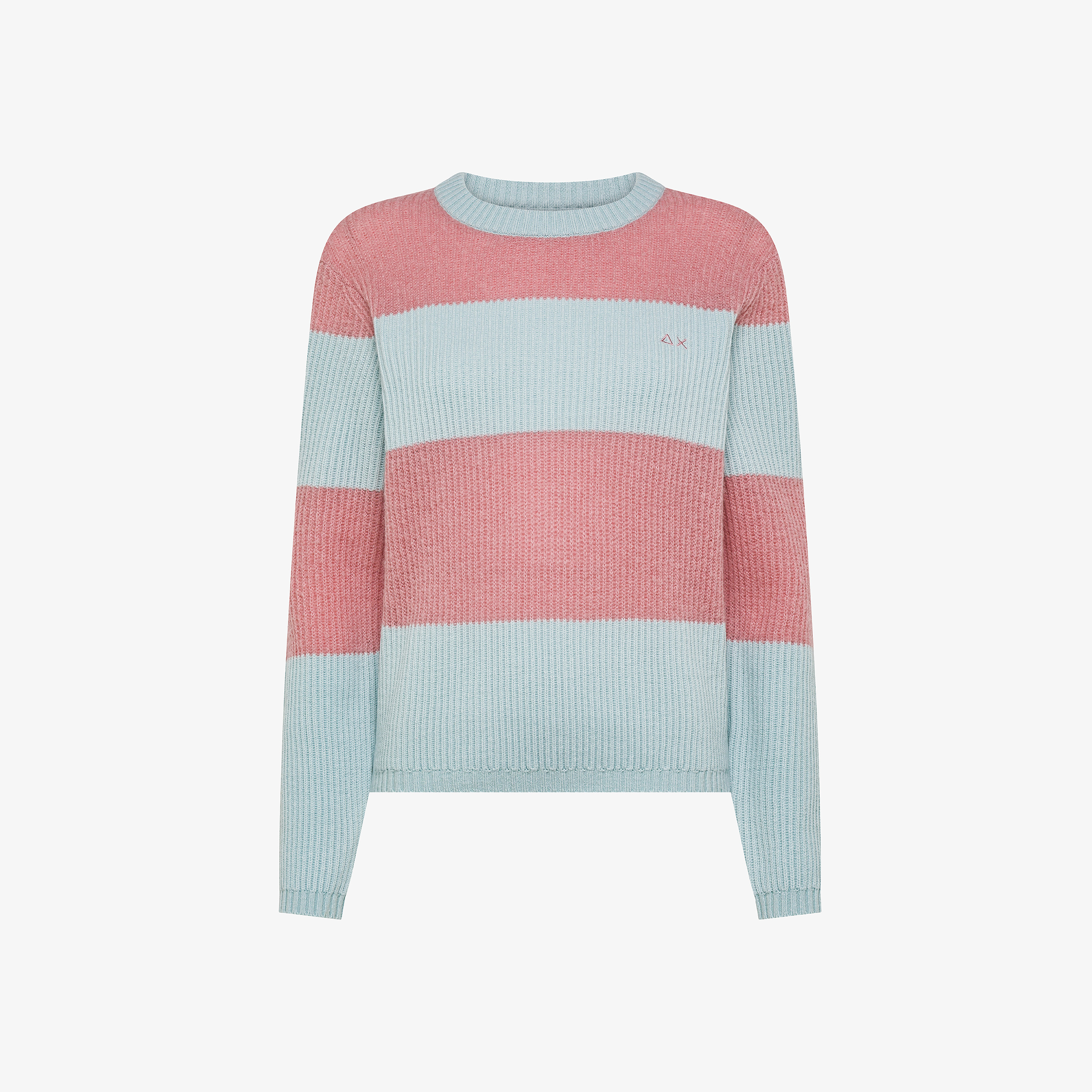 Maglia girocollo in lana e alpaca a coste rosa scuro/acqua