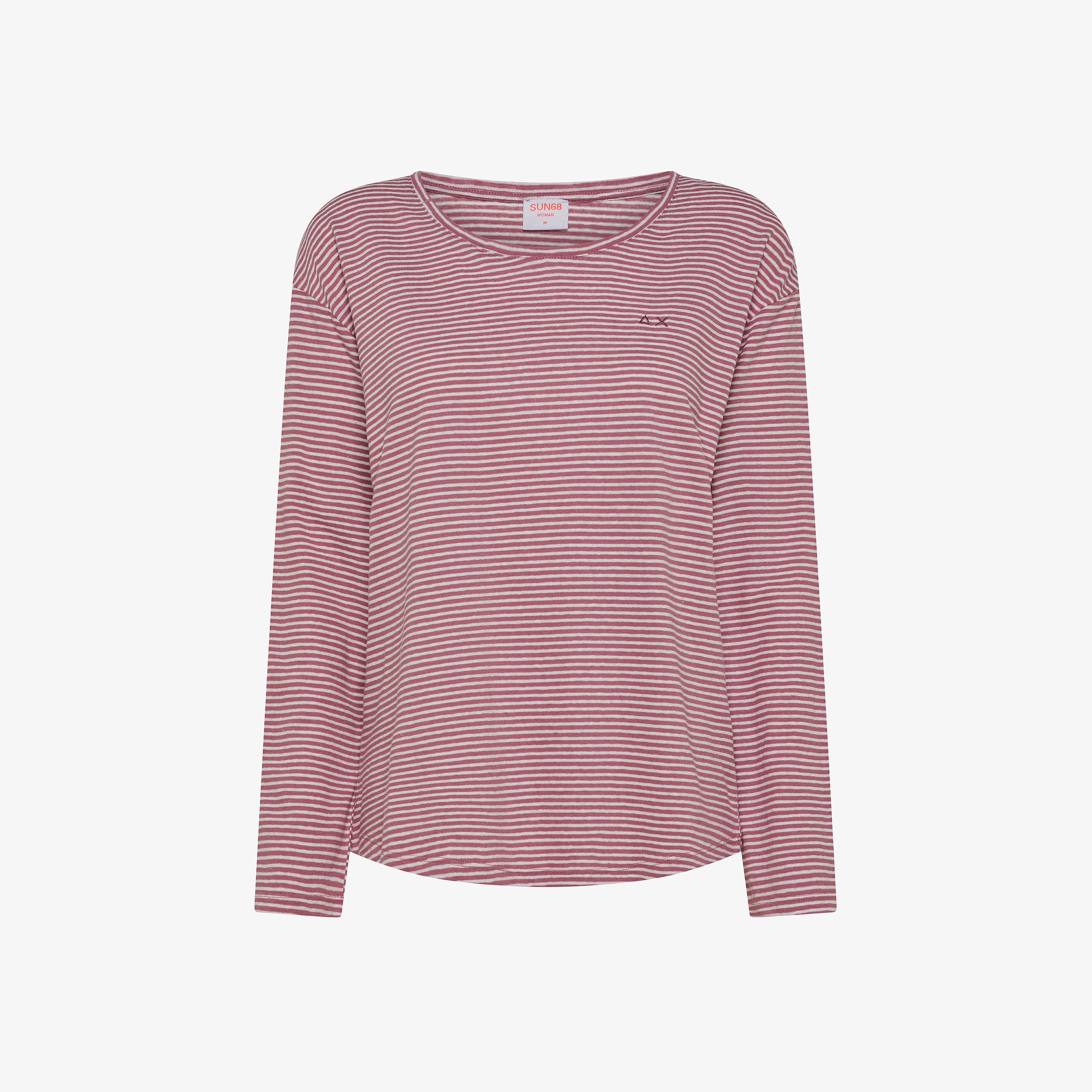 T-shirt in lino e cotone a righe bianche panna e rosa scuro