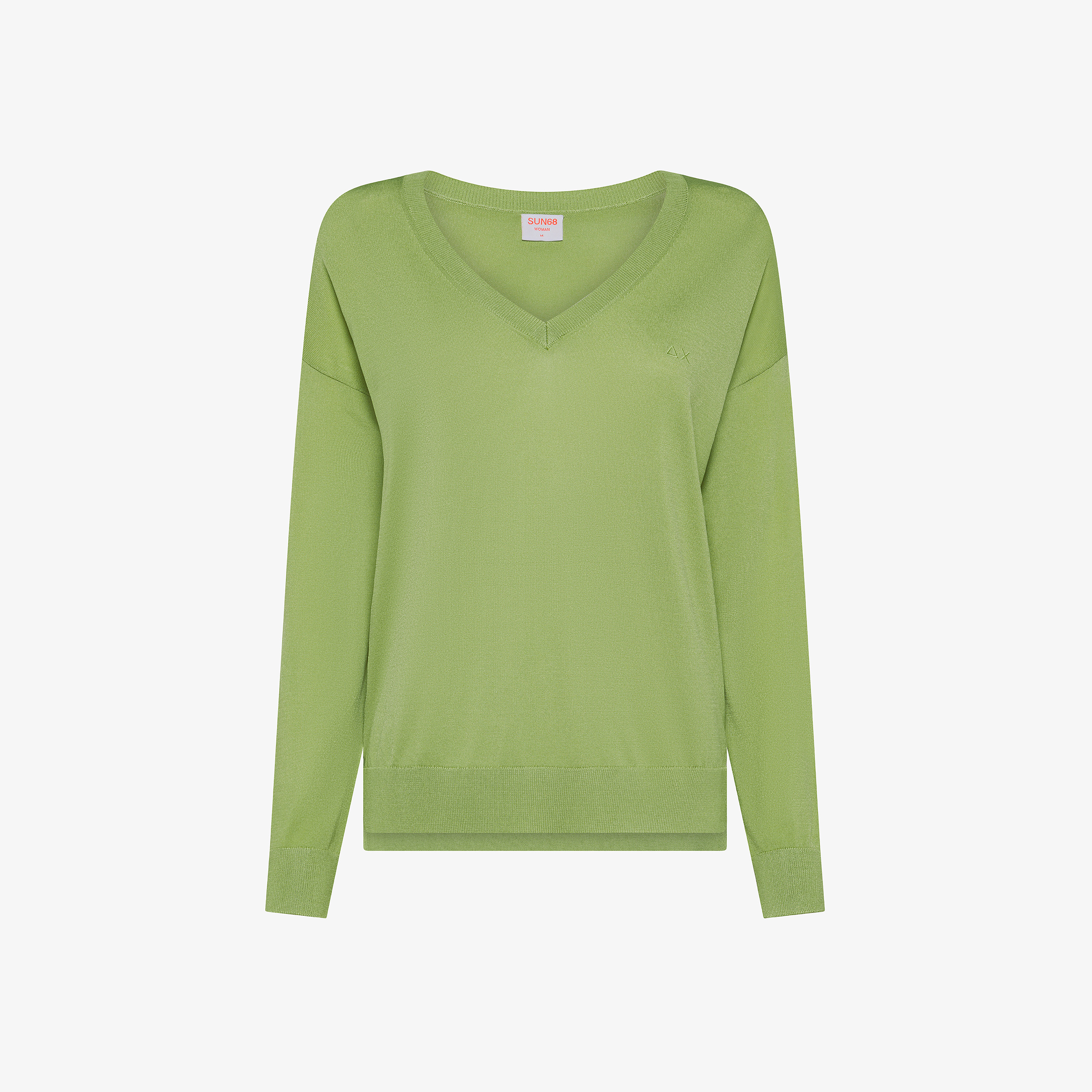 Olive green V-neck jumper with embroidered logo