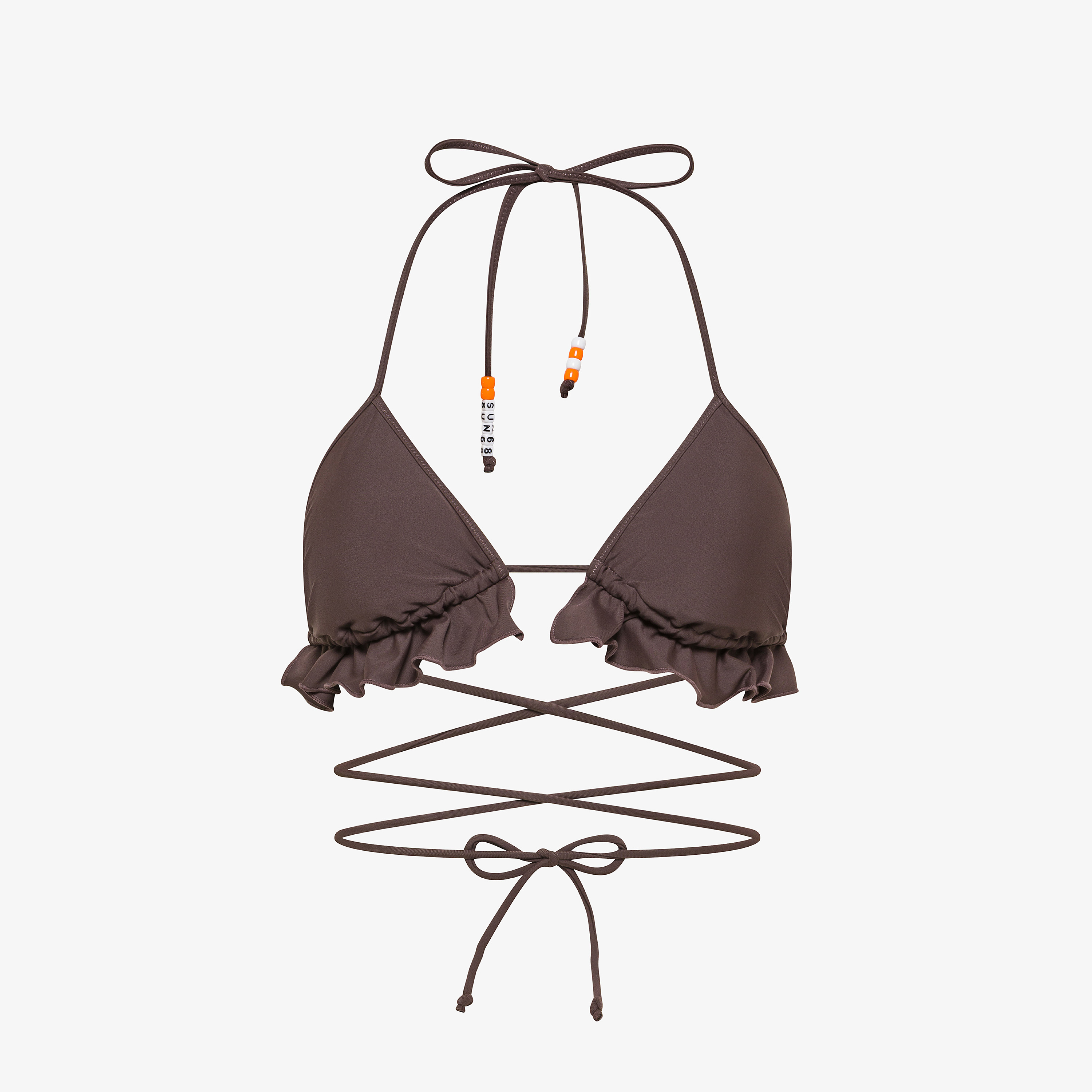 Bikini mare in nylon con rouches marrone cacao