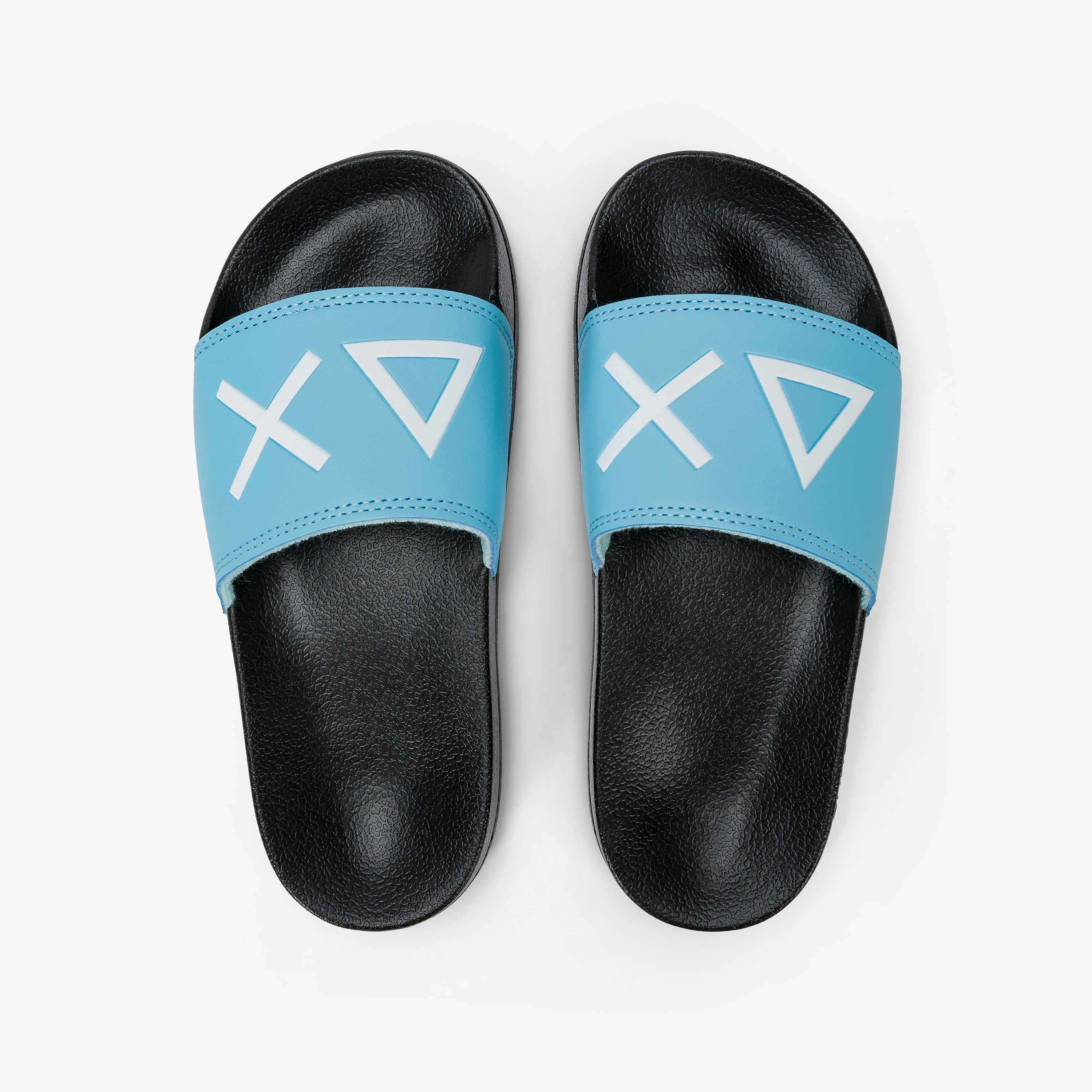 Sandali slide in PU nero e turchese