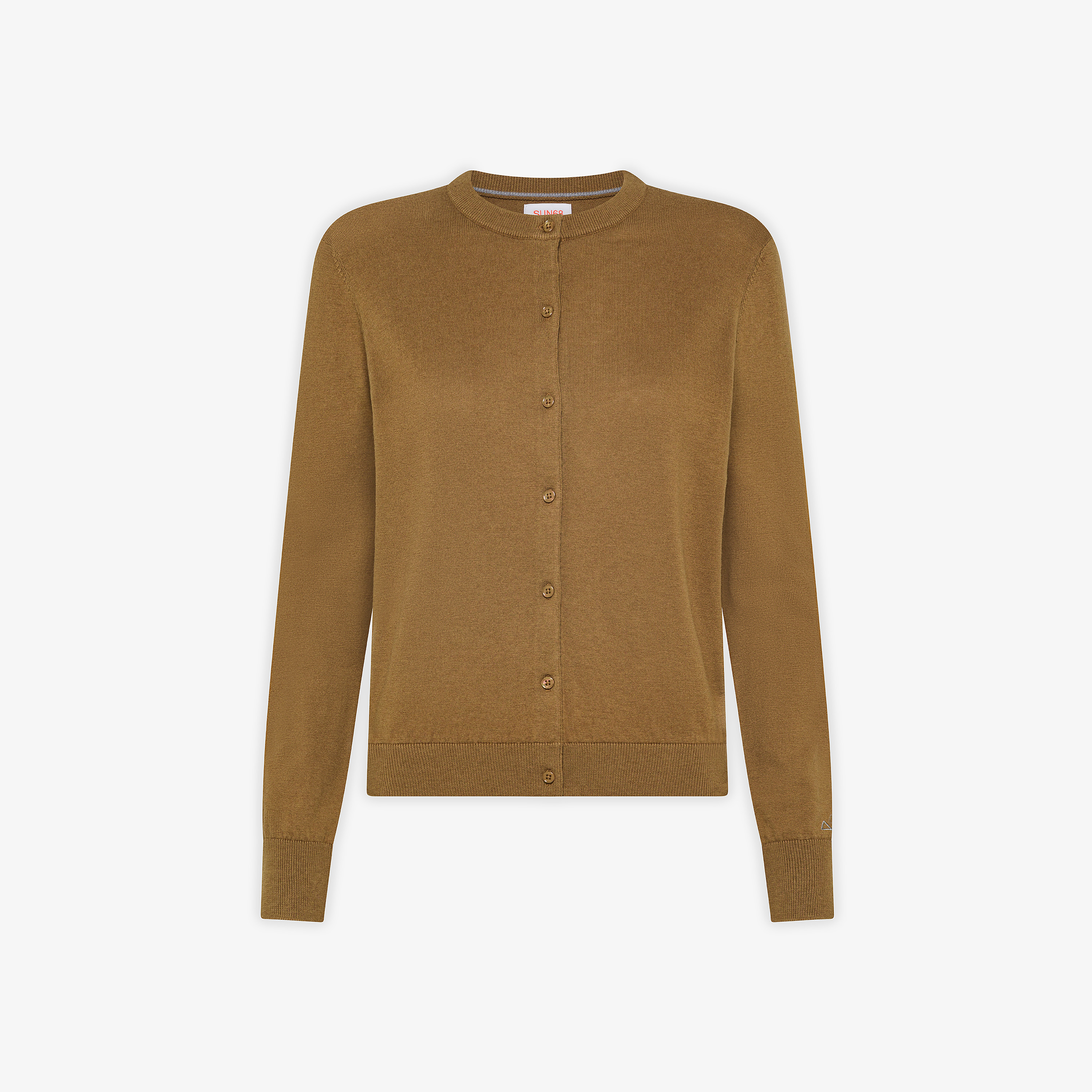 Cardigan girocollo in lana e cotone marrone deserto