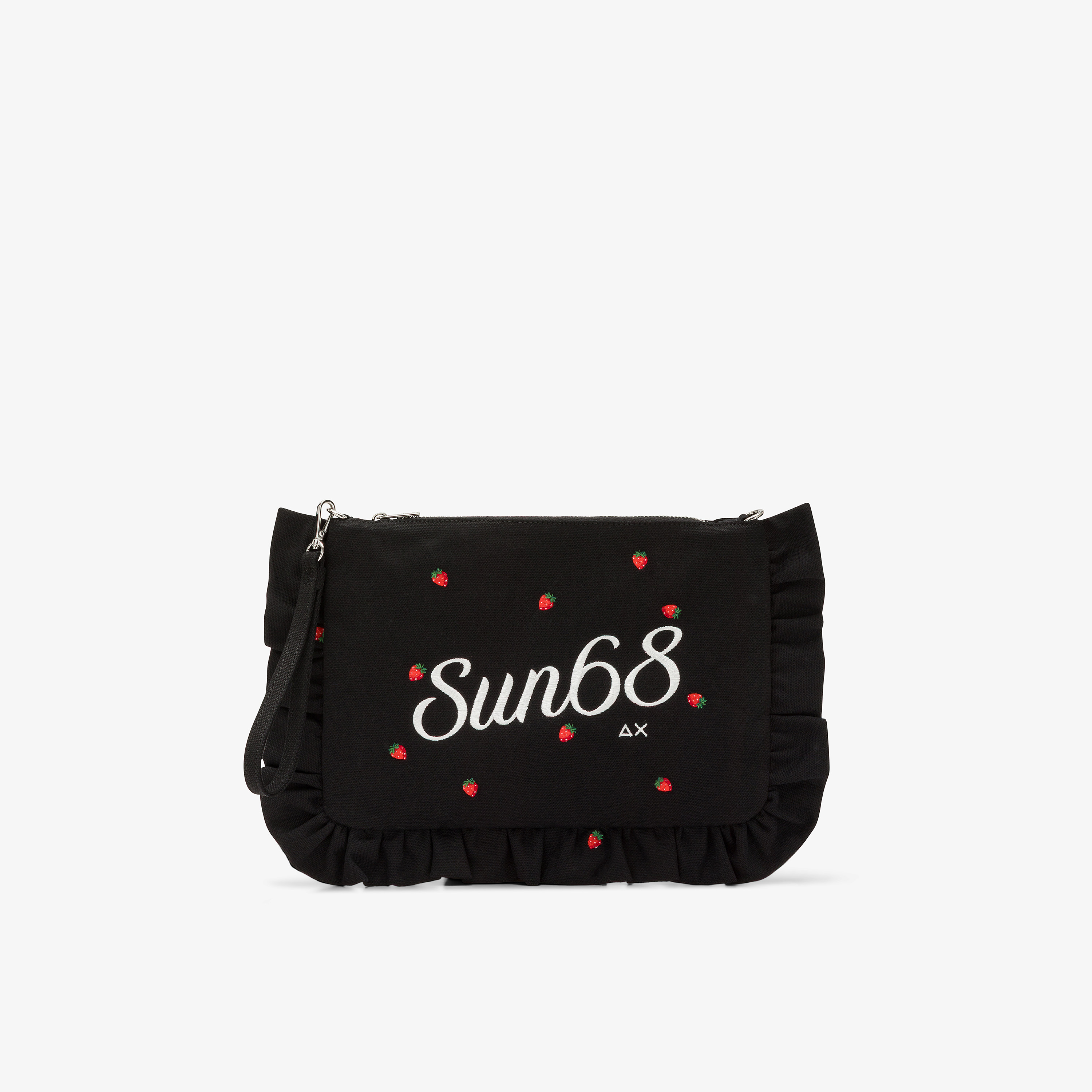 Pochette in tela di cotone con ricami nero/bianco panna