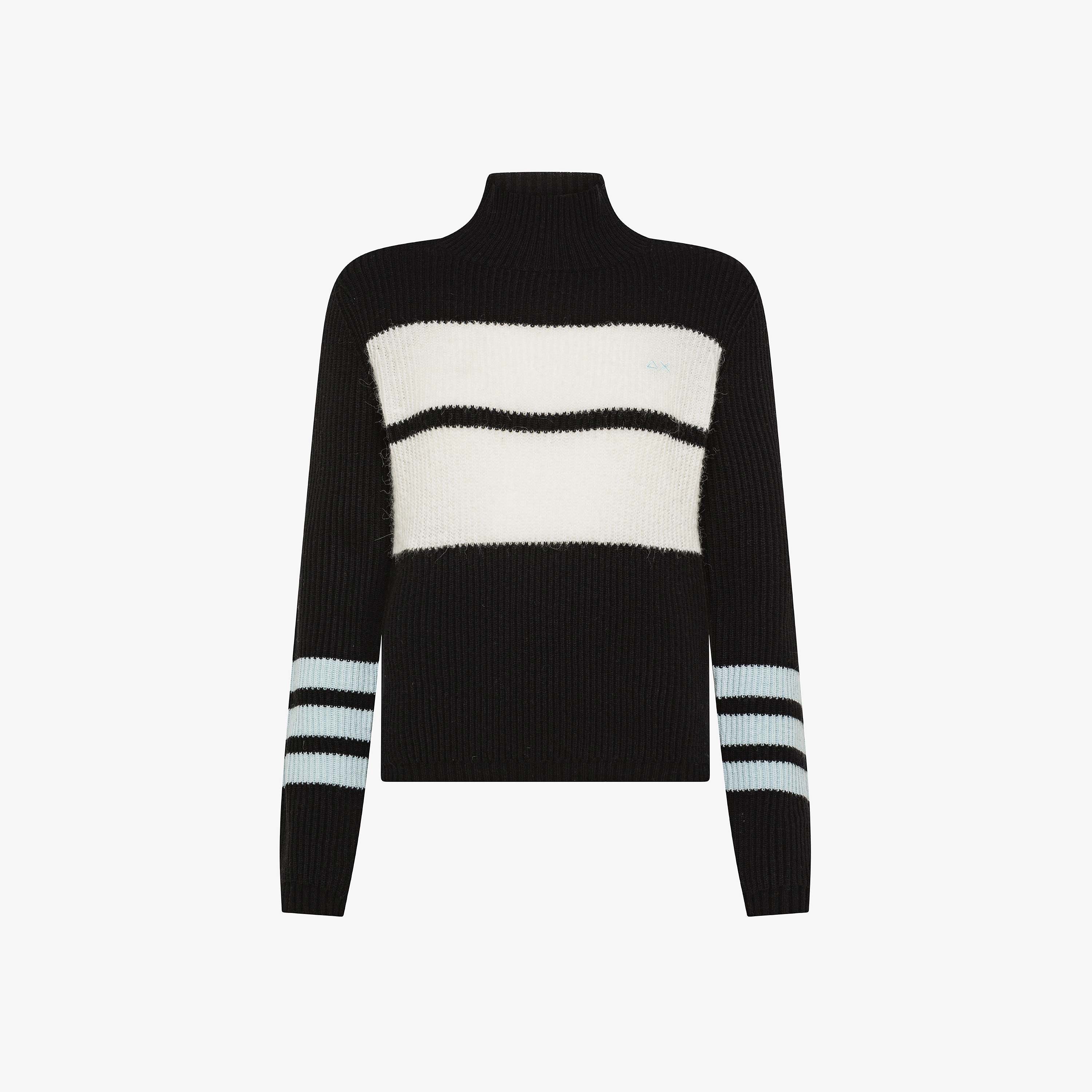Maglia dolcevita in lana e alpaca a coste nero/bianco panna