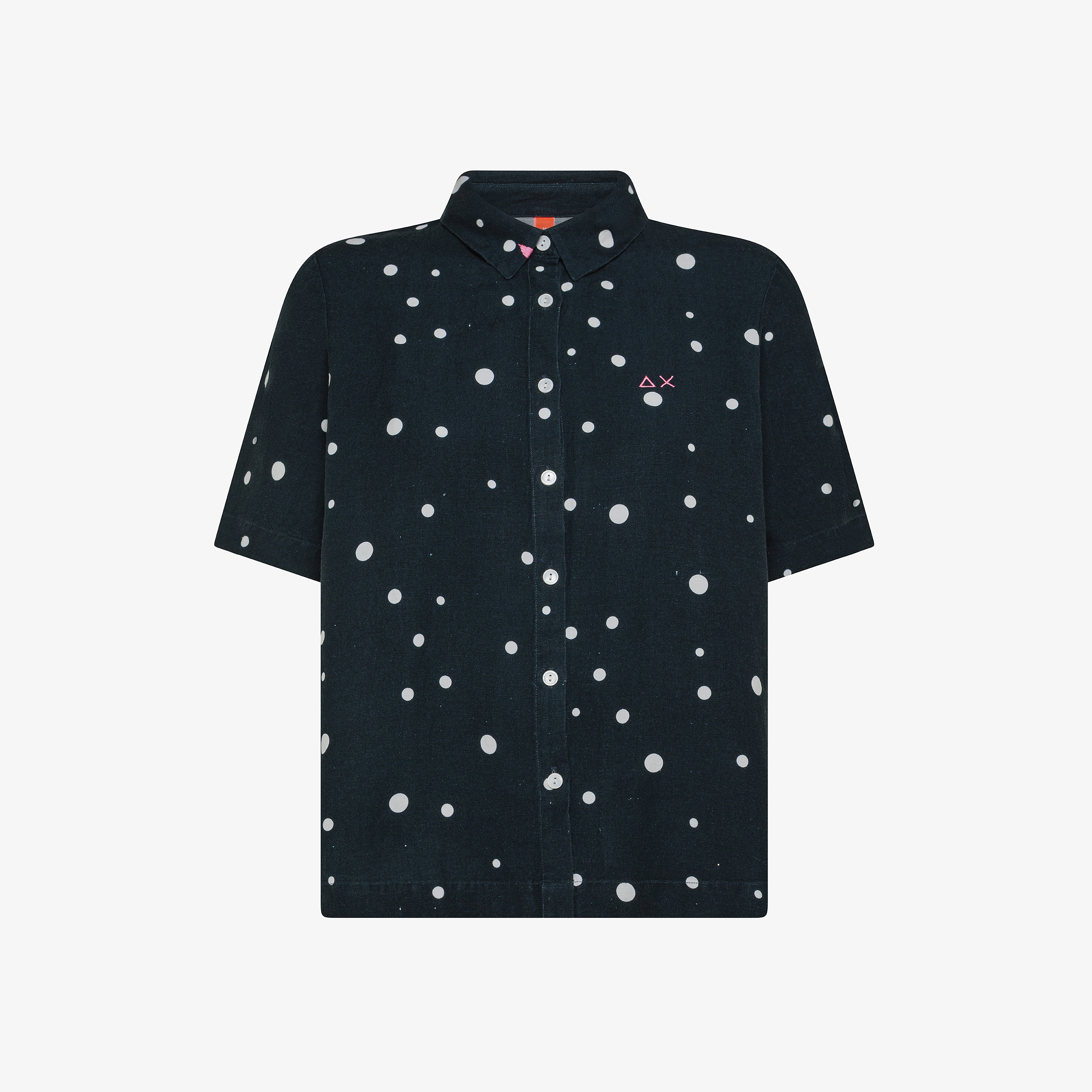 Navy blue and white polka-dot linen shirt