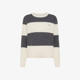 Maglia girocollo in lana e alpaca a coste grigio scuro/bianco panna