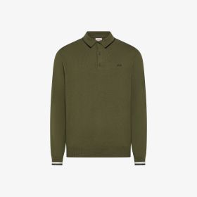 Dark military green wool and cotton striped polo shirt